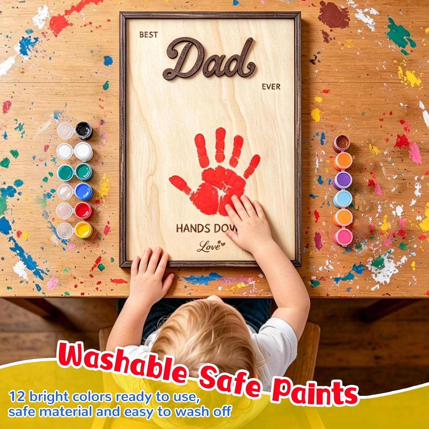 Miucat 12'' Fathers Day Crafts Gifts from Kids, Personalized DIY Best Dad Ever Hands Down Gift Art Craft Frame with Paints, Family Keepsake for Daddy, Papa with Kids Names
