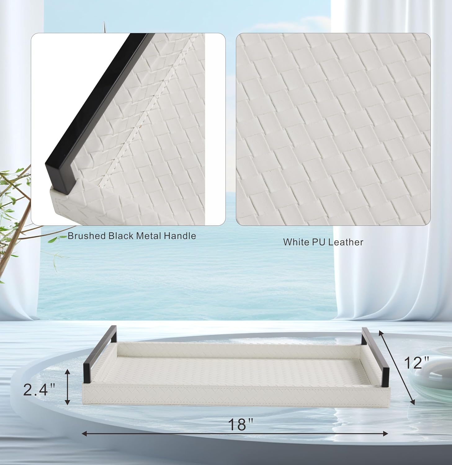 Sagala White Serving Tray Faux Leather Decorative Tray with Matte Black Metal Handles Ottoman Tray Coffee Table Tray for Modern Home Living Room (White)