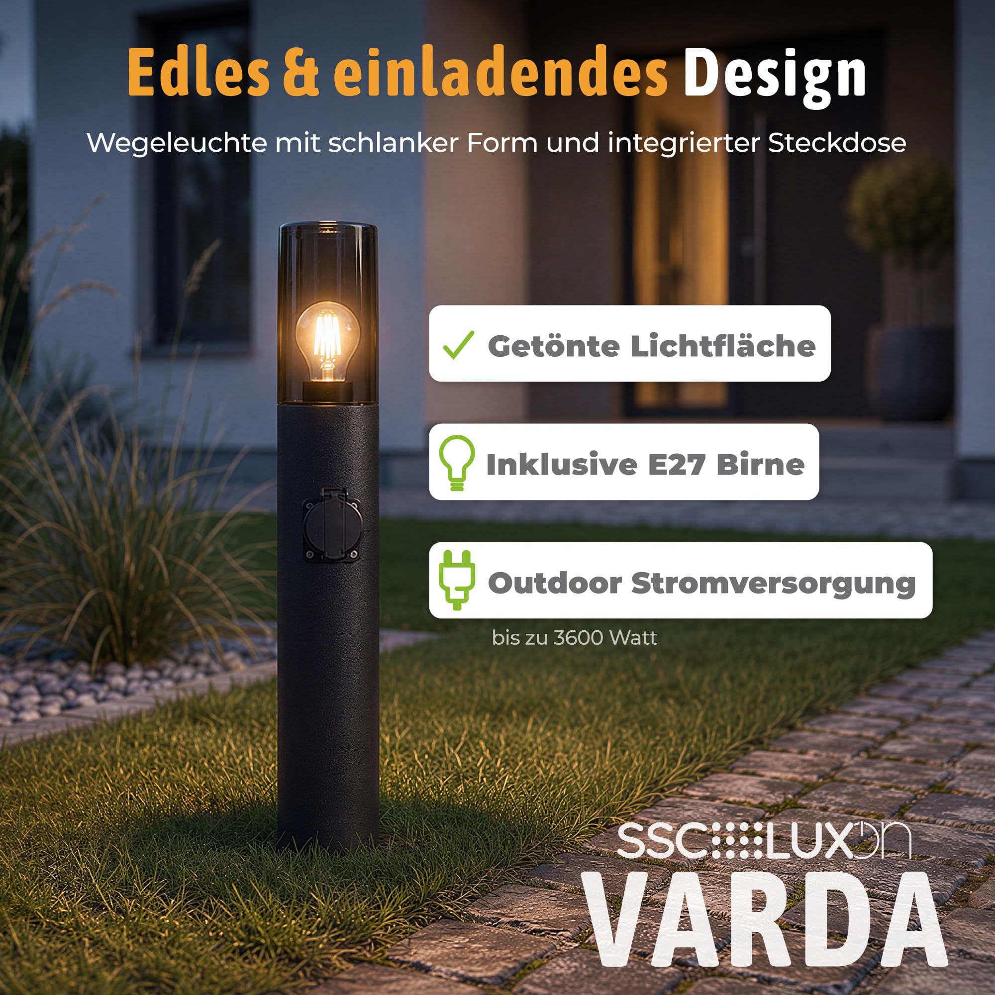 SSC-LUXon VARDA Wegeleuchte Außen mit Steckdose inkl. LED E27 Glühbirne Filament extra warm - Außenleuchte mit Stromanschluss 230V