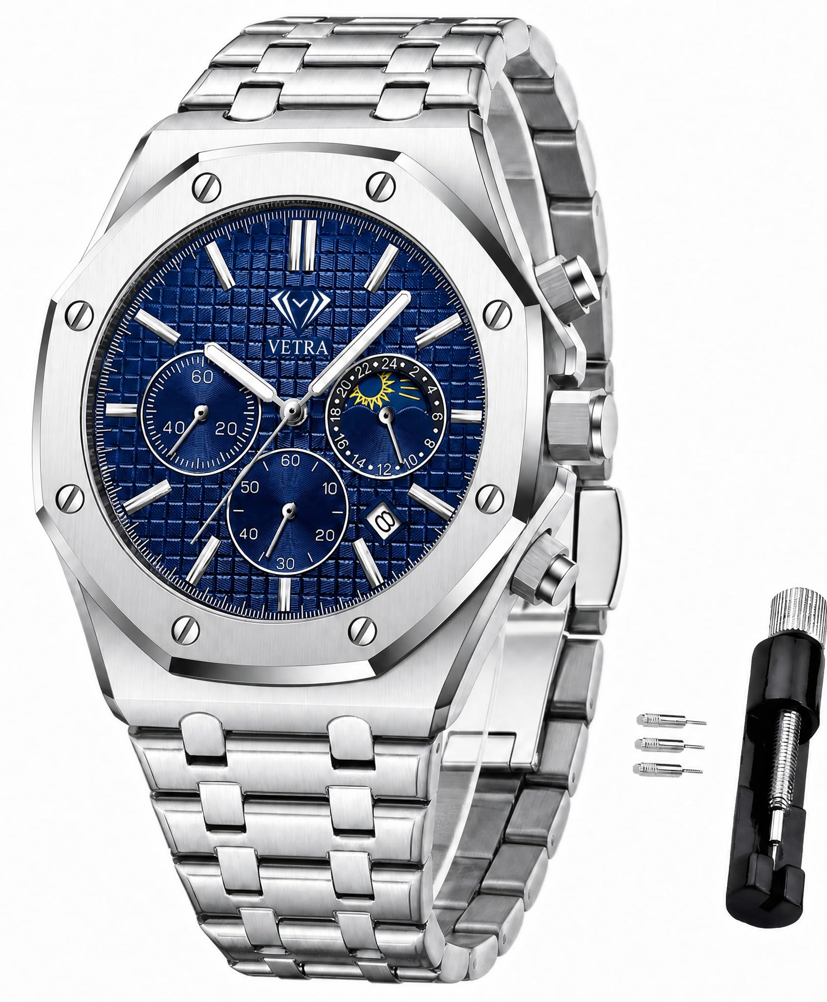 Vetra Orologi da uomo ottagonali di lusso multifunzione orologi per uomo analogico fasi lunari quadrante blu in acciaio inossidabile luminoso impermeabile data regalo per uomo Relojes para Hombres