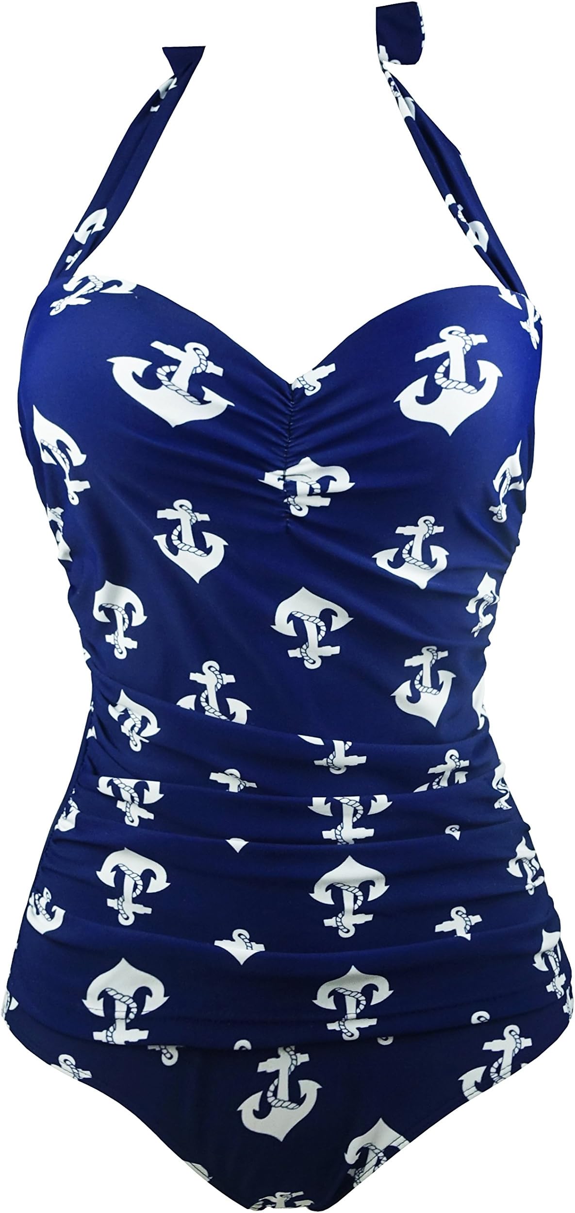 COCOSHIP Navy Blue 1950s Retro Vintage One Piece Monokini White Anchors Swimsuits Swimwear M(FBA)