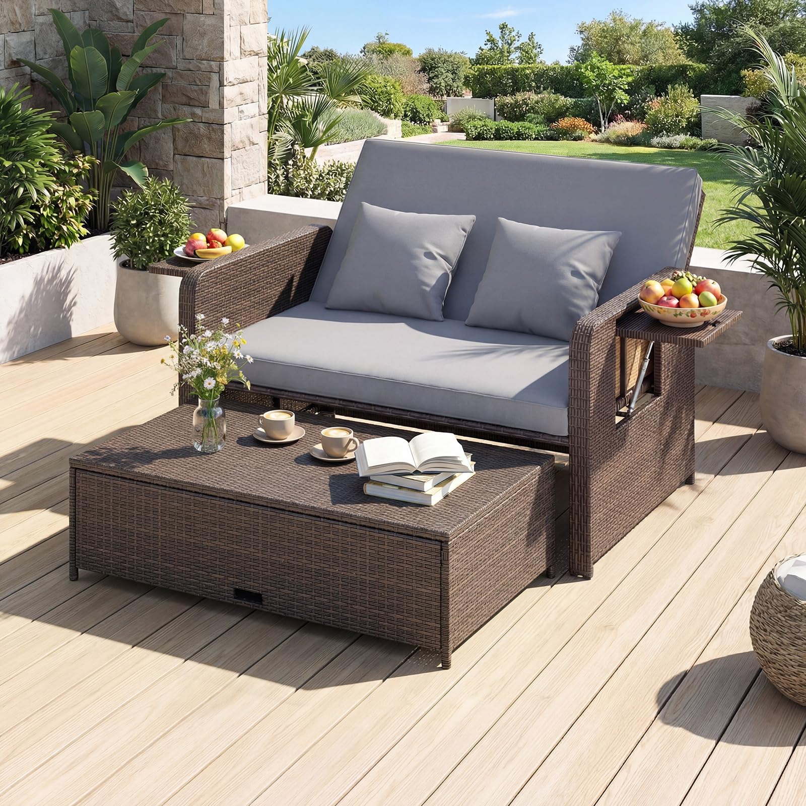 GIANTEX Divano da Giardino in Rattan con Poggiapiedi, Doppio Divano da Esterno con Schienale Regolabile, Mobili da Giardino per Terrazza, Balcone, Cortile