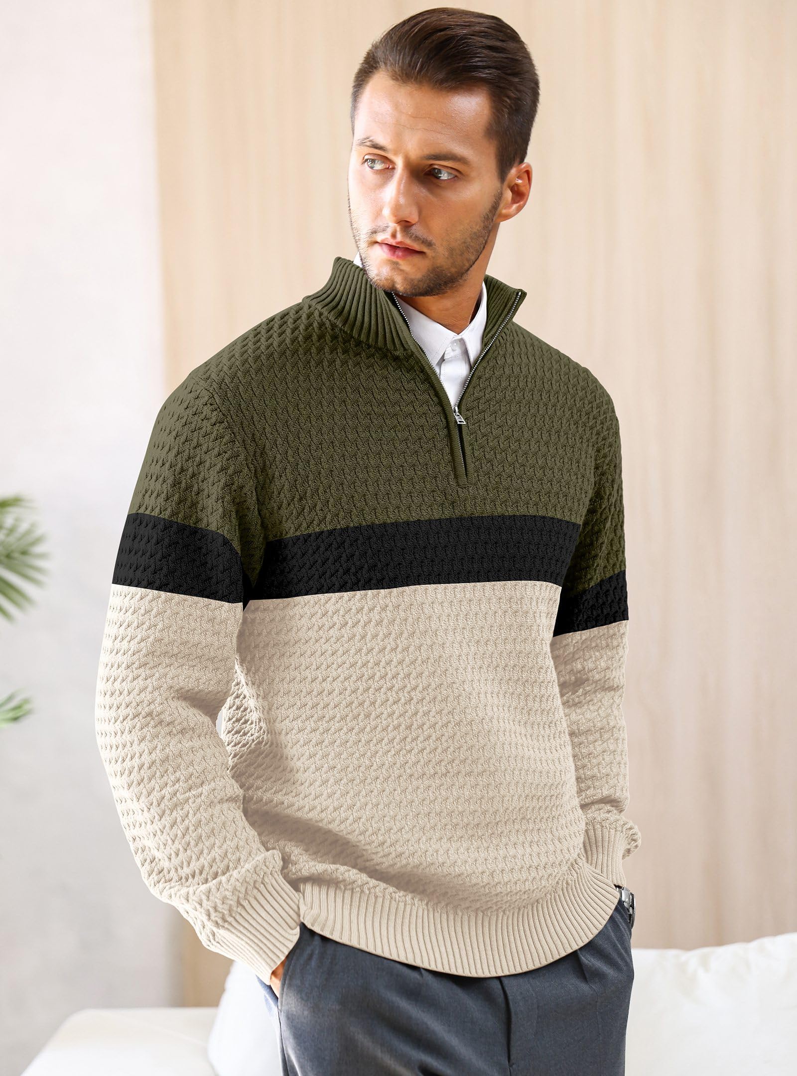 Zaitun Jersey de punto con cremallera de un cuarto para hombre, cuello alto, manga larga, casual, cálido, cómodo, ajustado, suéter de invierno para hombre