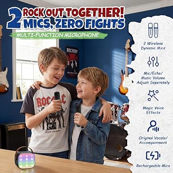 YLL Mini Karaoke Machine for Kids Adults, Birthday Gifts for Boys 3, 4, 5, 6, 7, 8, 9+ Years Old, Portable Bluetooth Speaker with 2 Rechargeable Wireless Microphones Family Home Party (Black)