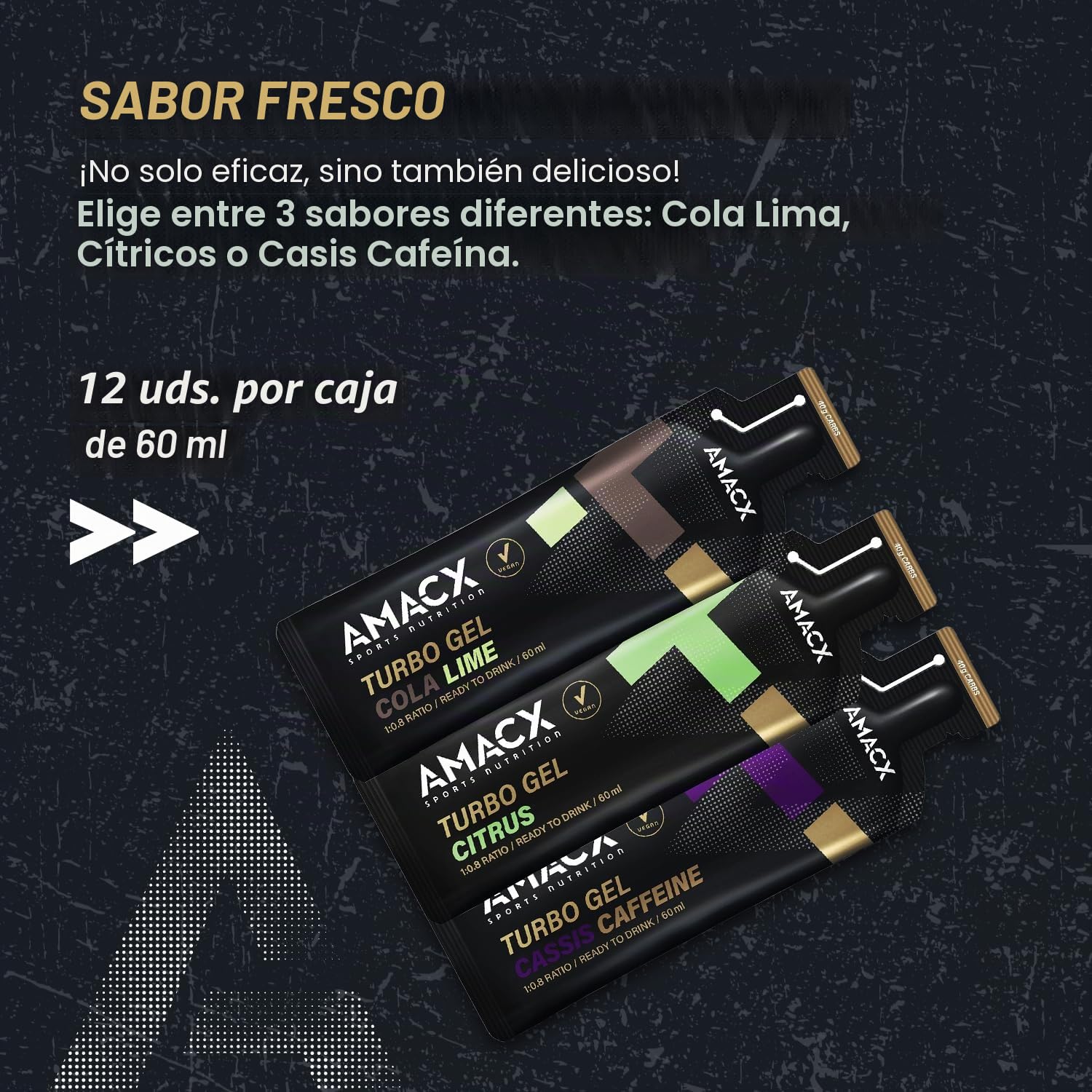 AMACX Turbo Energy Gel para Deportistas de Resistencia con Cafeína – Paquete de 12 – Geles Energeticos Ciclismo y Running – Electrolitos Hidratacion y 40g Carbohidratos – Cassis/Cafeína