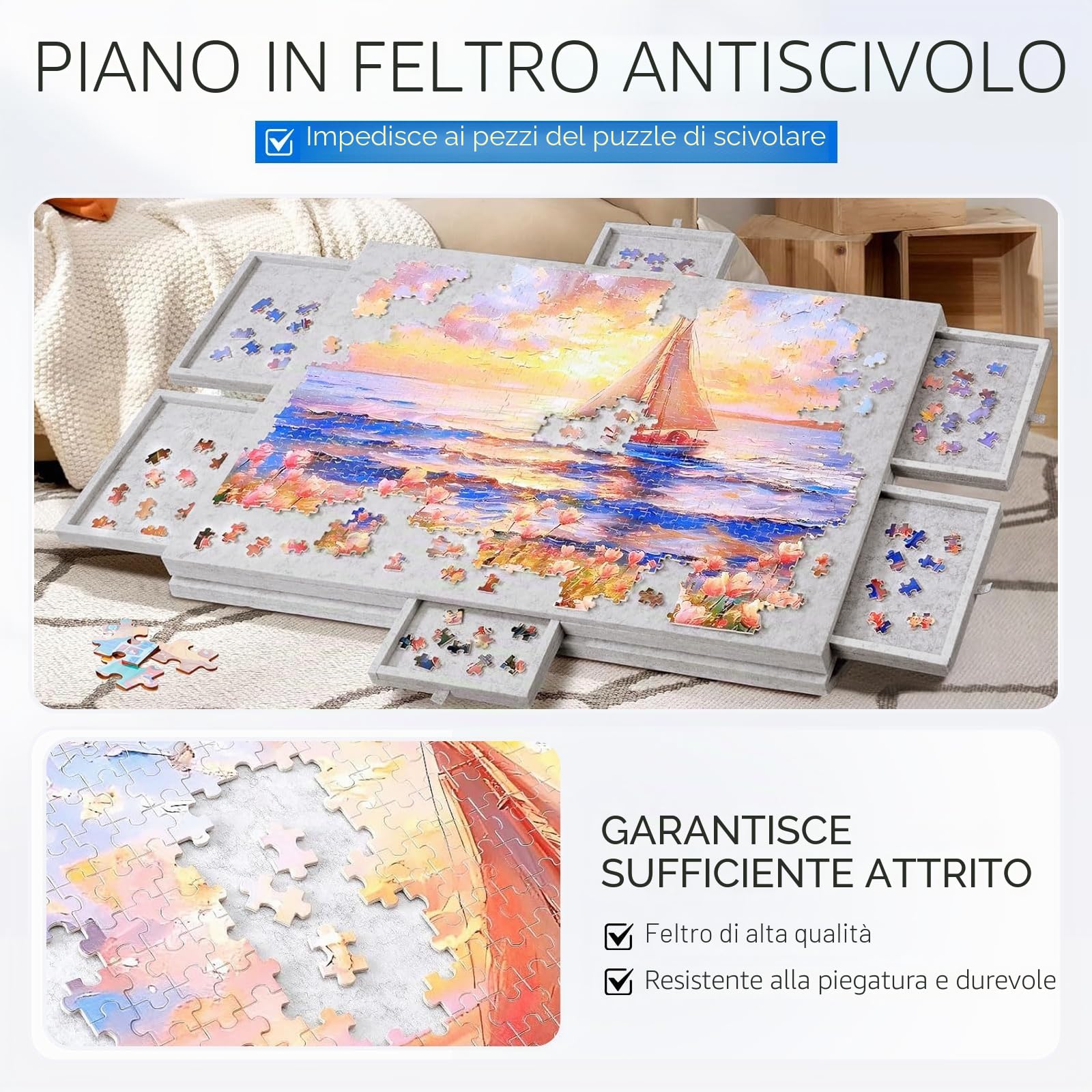 Tavolo Puzzle da 1000 Pezzi con 6 Cassetti, Angolo di Inclinazione, Puzzle Board Portatile, Puzzle Board per Bambini e Adulti (Grigio)