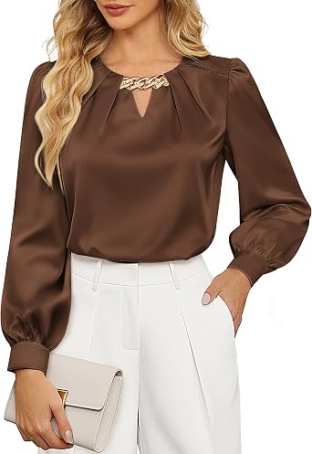 JASAMBAC Womens Satin Silk Blouses, Dressy Casual Long Sleeve Shirts, Trendy Business Work Tops Office Formal Fall Outfits