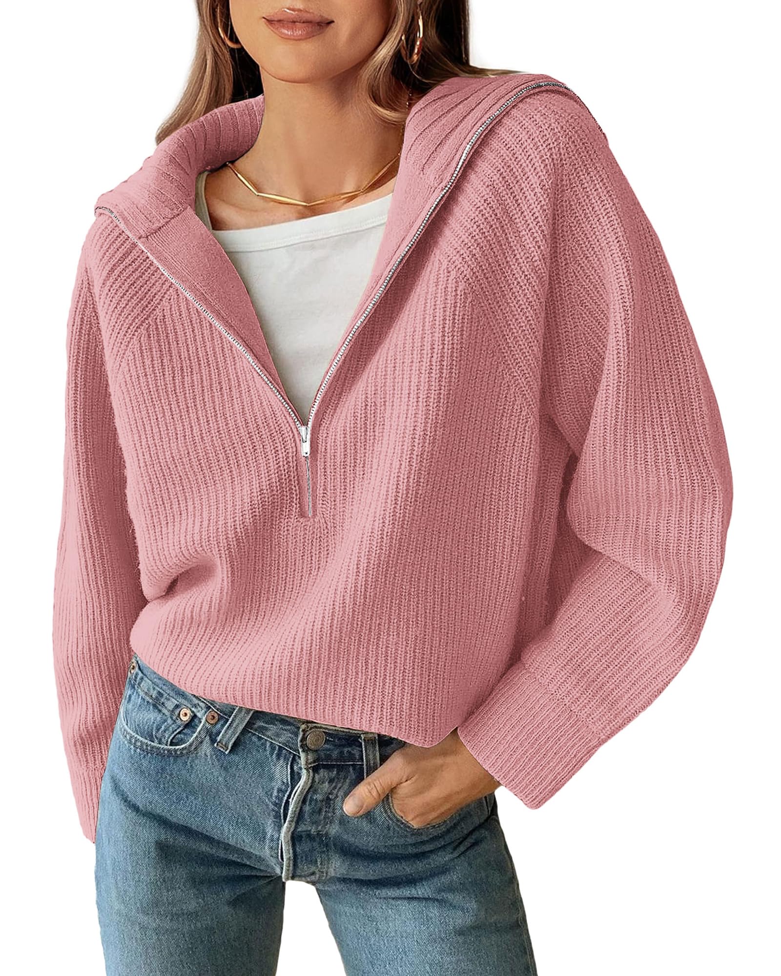 BTFBM Womens Sweaters Quarter Zip Pullover V Neck Collar Long Sleeve Ribbed Knit Loose Casual 2026 Winter Fall Sweater