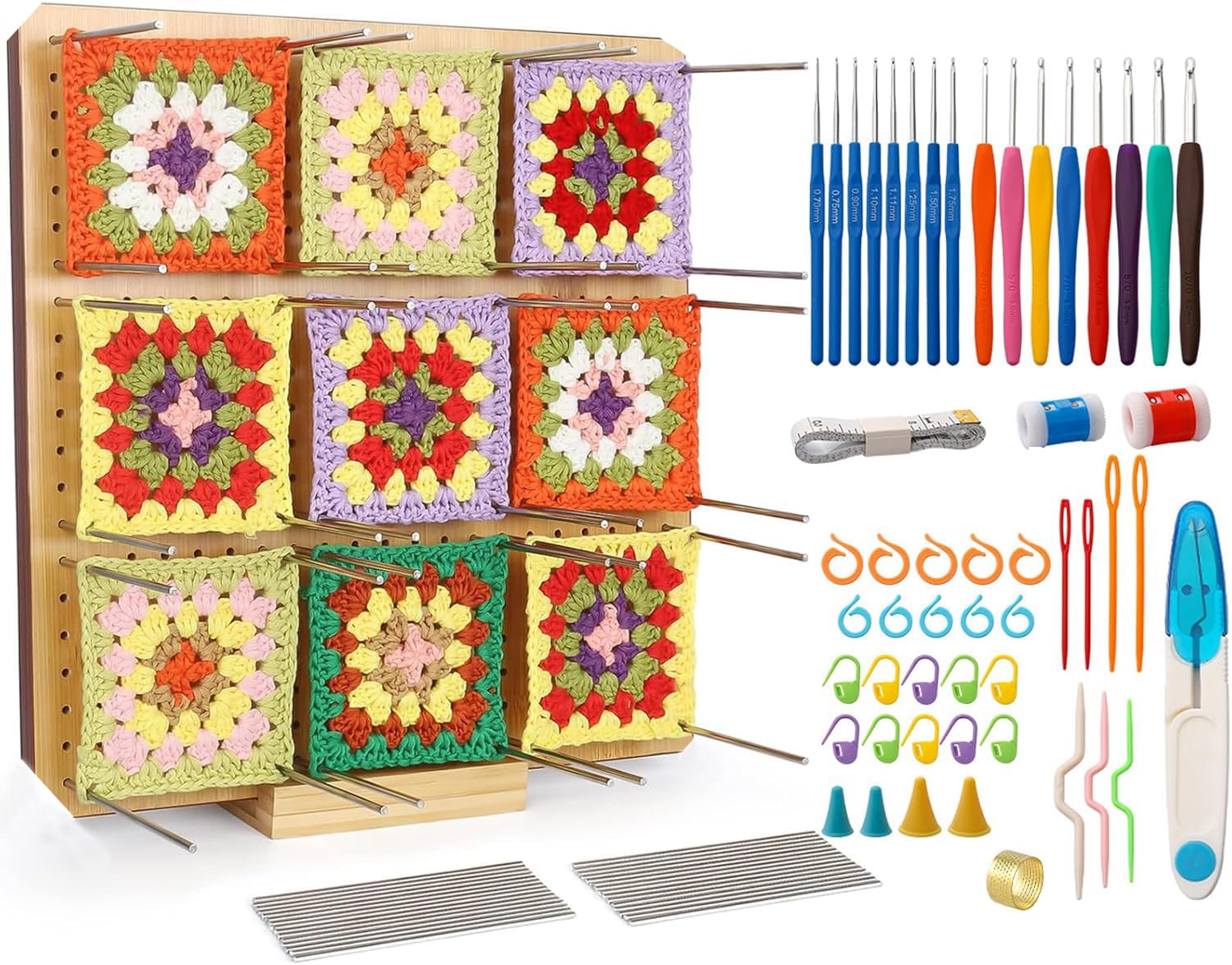 ZPPLD 11.8inch Grand Planche Crochet,Planche Bloc Crochet Granny Square 30x30cm,Kit de Blocage Crochet Bois,Ensemble de 72 pièces Pour Débutants,Planche de Blocage 20 broches