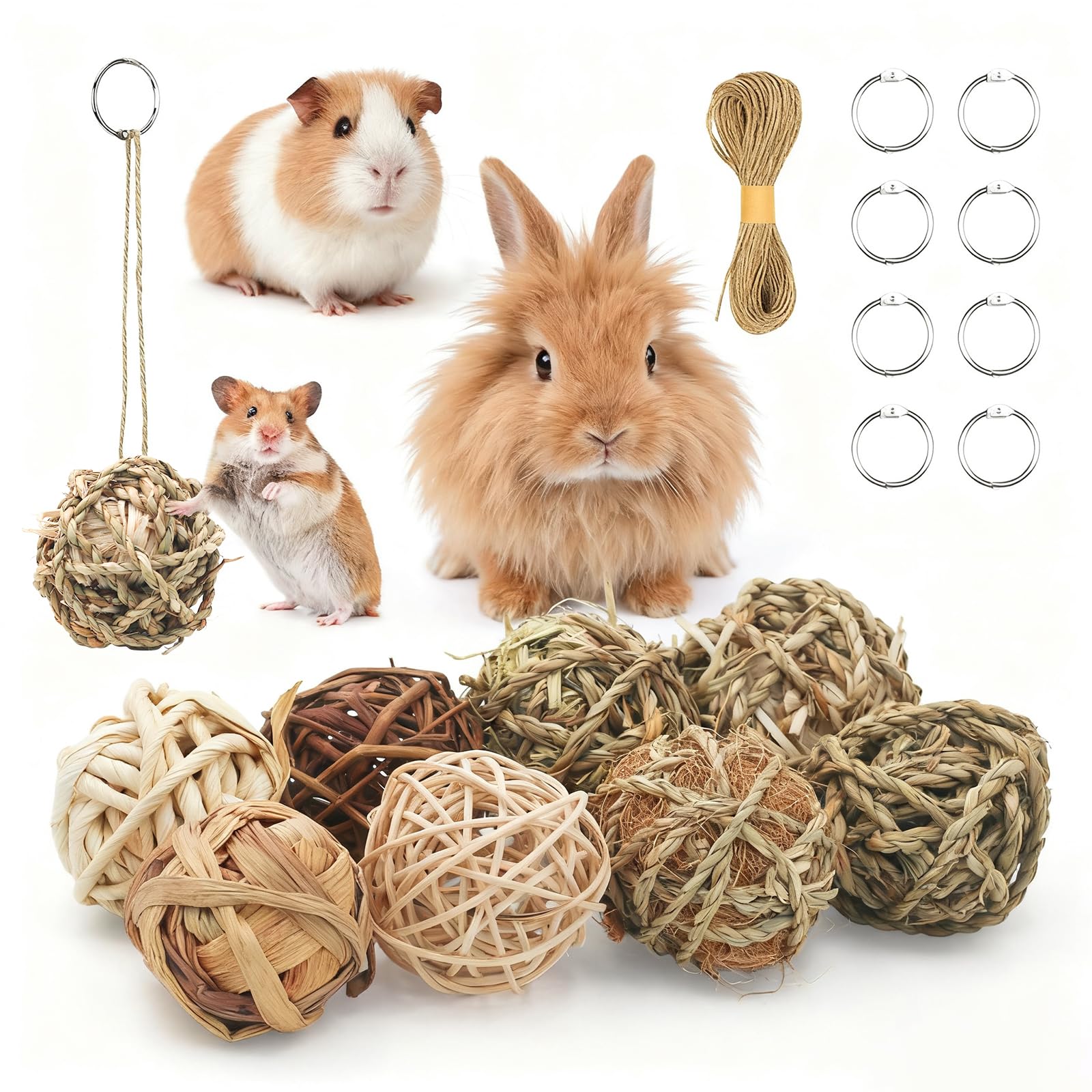 Reyshin 8 Pcs Rabbit Toys, Rabbit Treats Guinea Pig toys Small Pets Chew Balls Grass Balls Natural Toys for Rabbits Chinchilla Bunnies Gerbils and Hamster (H01)
