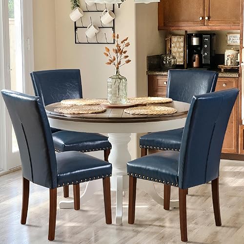 COLAMY Upholstered Parsons Dining Chairs Set of 4, PU Leather Dining Room Kitchen Side Chair with Nailhead Trim and Wood Legs - Blue