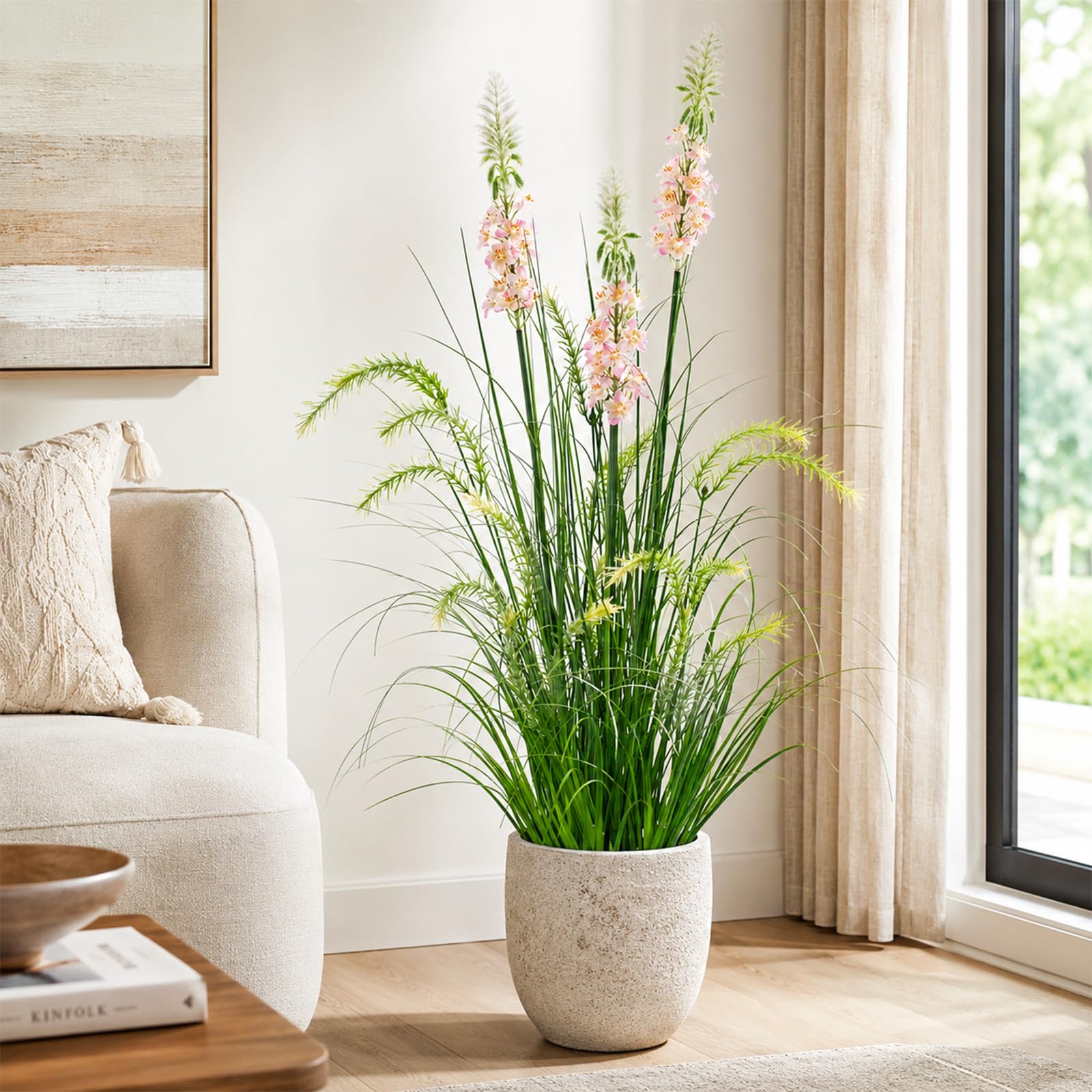 90cm Kunstschilf mit Drei Blüten Künstliche Pflanzen wie echt Kunstpflanzen wie echt mit Schwarz Topf Zimmerpflanzen Groß Echt für Zimmer Deko Büro Schlafzimmer Badezimmer Garten Haus (1 Stück)
