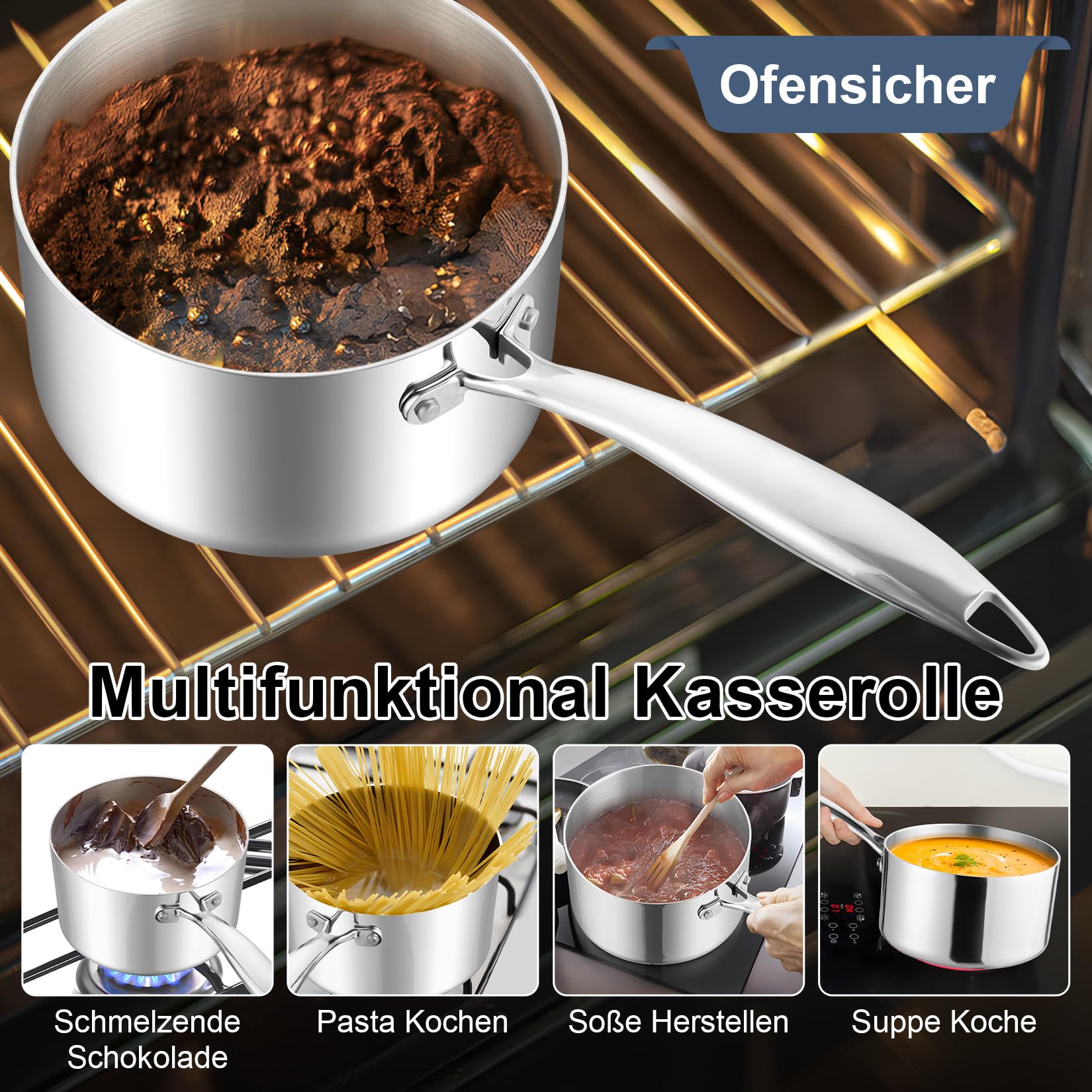 Onader rondel 18 cm, 3-warstwowy garnek ze stali szlachetnej do wszystkich rodzajów kuchenek, w tym indukcyjnych, rondel 2,4 l ze szklaną pokrywką, zdrowy i nadaje się do mycia w zmywarce