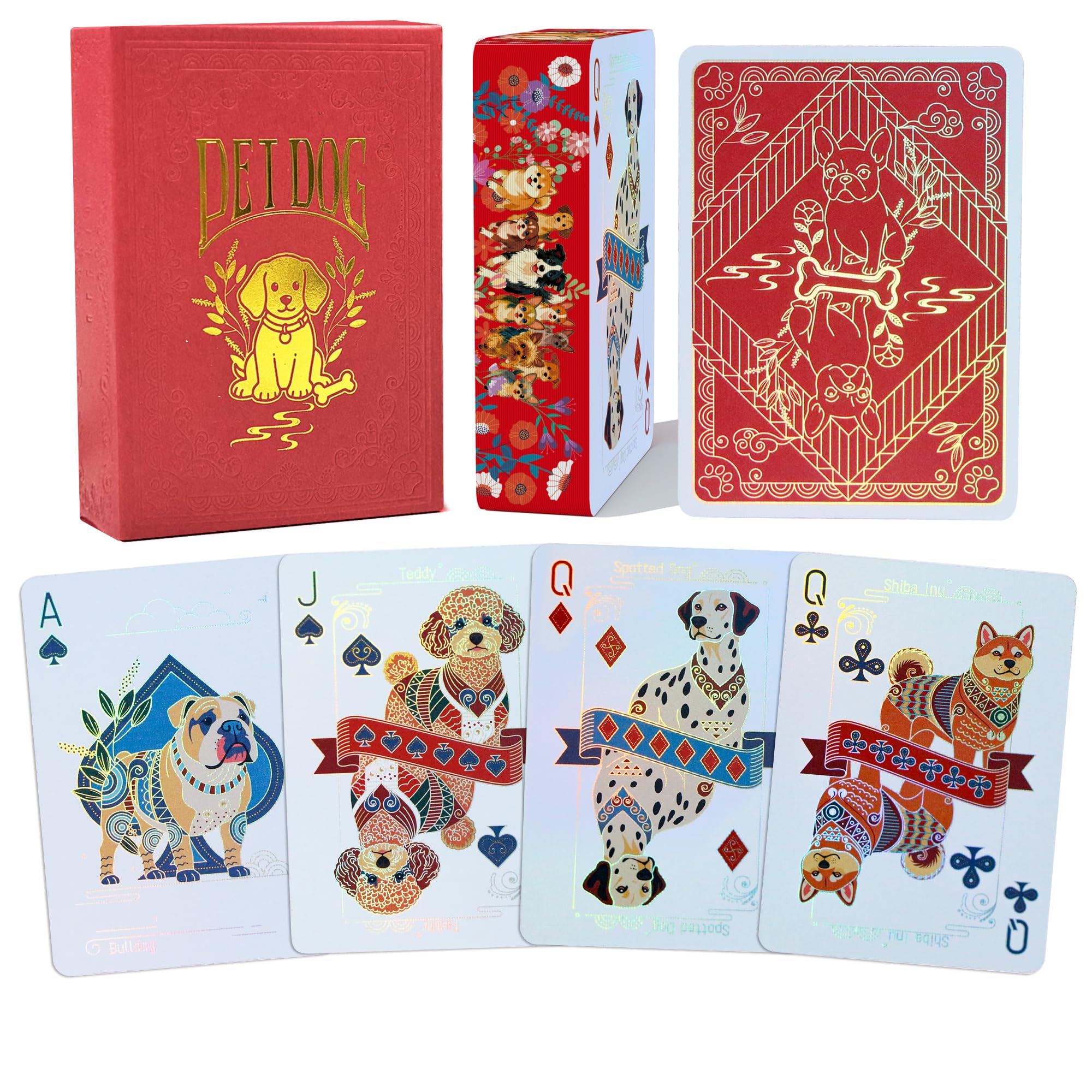 ACELION Dog Themed Playing Cards Deck with Luxury Red Foil Gift Box, Premium Poker Cards with Gold Foil Artwork, Cute Dog Breed Illustrations for Poker, Blackjack, Family Card Games