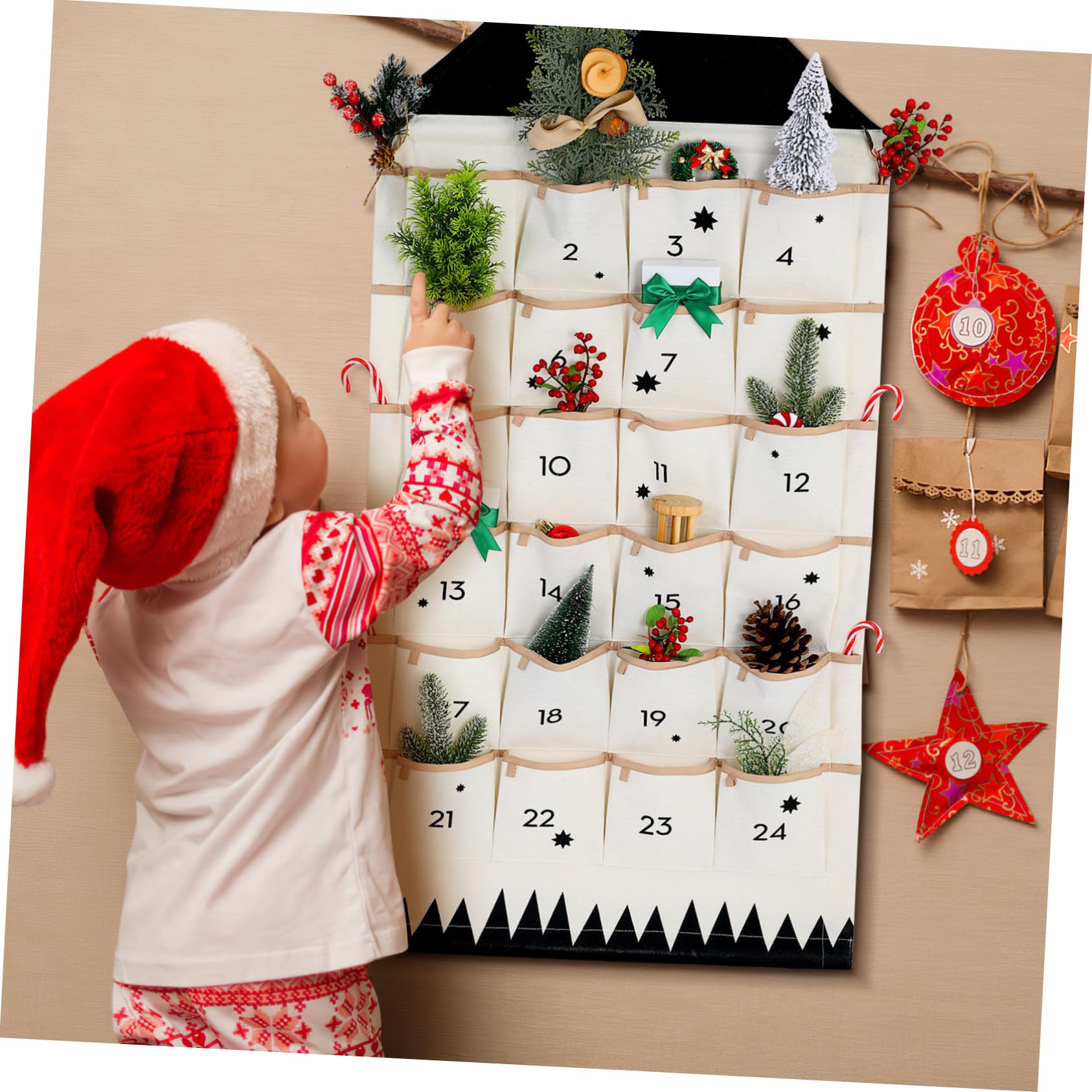 Weihnachts Adventskalender aus Baumwollstoff Hängende Aufbewahrungstasche in Hausform Atmungsaktiv zum Aufhängen an Tür oder Fenster