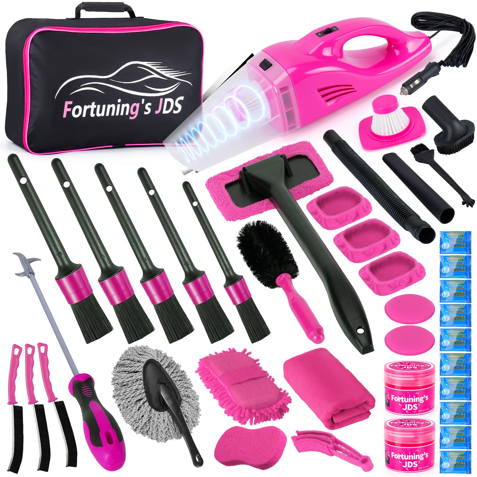 Kit di Pulizia per Interni dell'auto, 38 Pezzi, con aspirapolvere Portatile ad Alta Potenza, Kit di Lavaggio Auto con Set di pennelli per Dettagli, Kit di Dettagli Interni Auto, Accessori Rosa per
