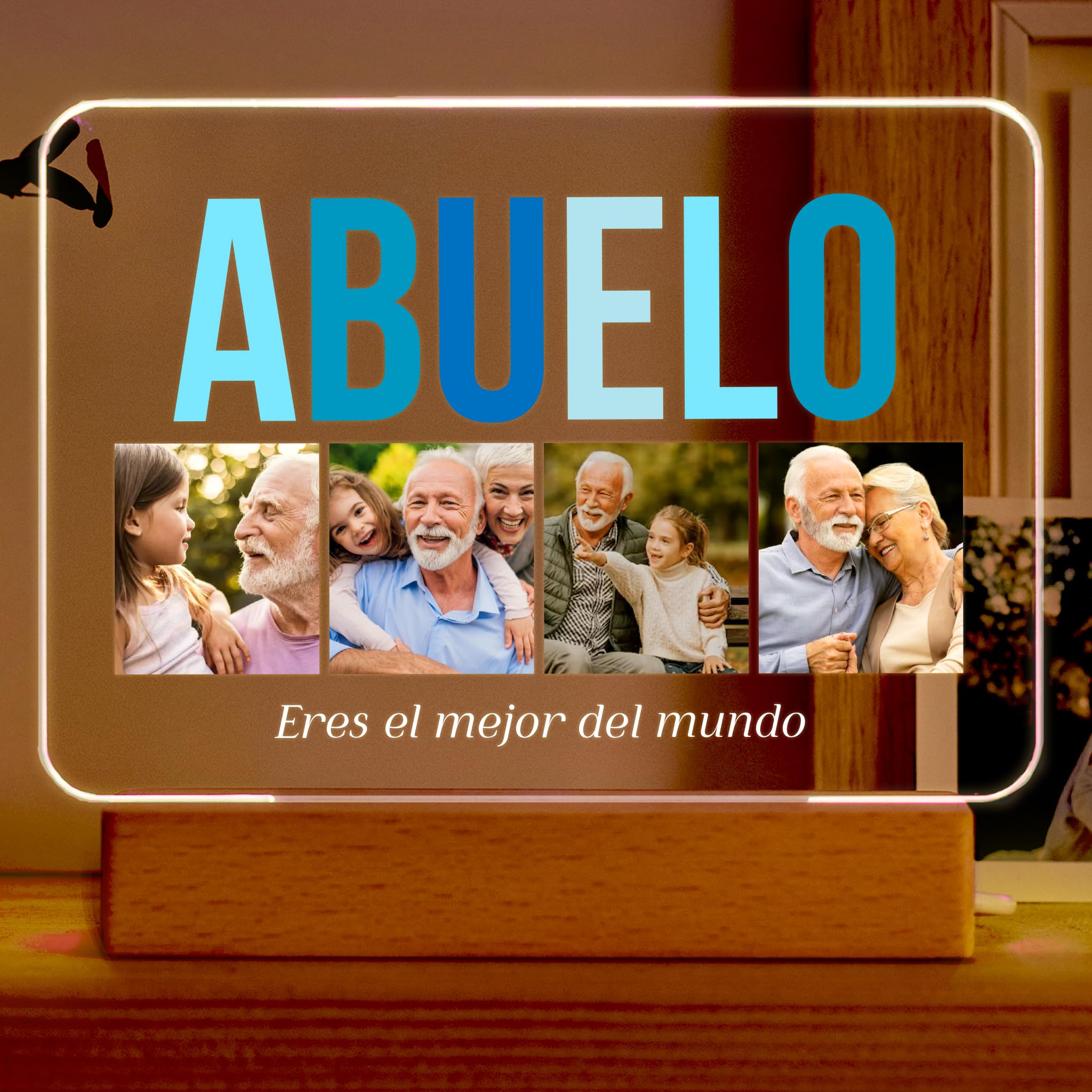 Transparent Gift Lámpara Personalizada Abuelo o Abuela con 4 Fotos y Texto. Regalos Originales para Cumpleaños, Navidad. Regalos Personalizados para Abuelos. Placa de Metacrilato con Base de Madera