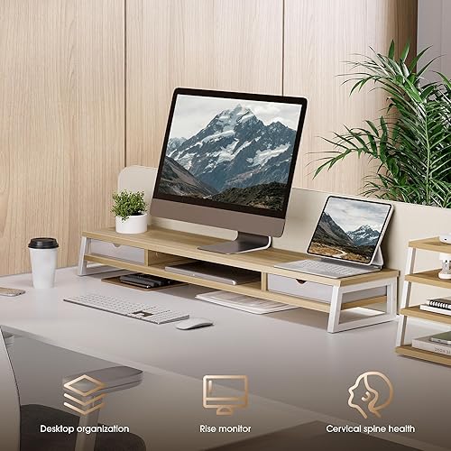 Miniatura 7 de Fenge Soporte de monitor doble, elevador de monitor con cajón, soporte de monitor de computadora grande de 42.5 pulgadas para 2 monitores, estante
