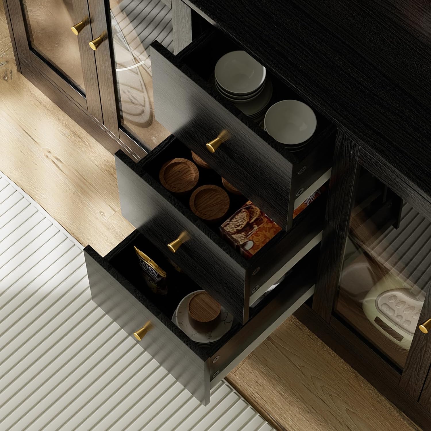 VOWNER Large Kitchen Hutch Cabinet, Kitchen Pantry Storage Cabinet with 6 Glass Doors, 3 Drawers & Microwave Shelf, Freestanding Cupboard for Open Storage (Black)