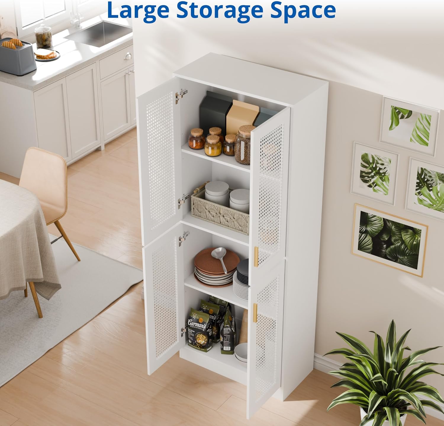 Cozy Castle Kitchen Pantry Cabinet, 71" Tall Rattan Doors Storage Cabinet and Adjustable Shelves, Modern Farmhouse Wood Cupboard Utility Hutch for Kitchen, Dining Room, Living Room (White)