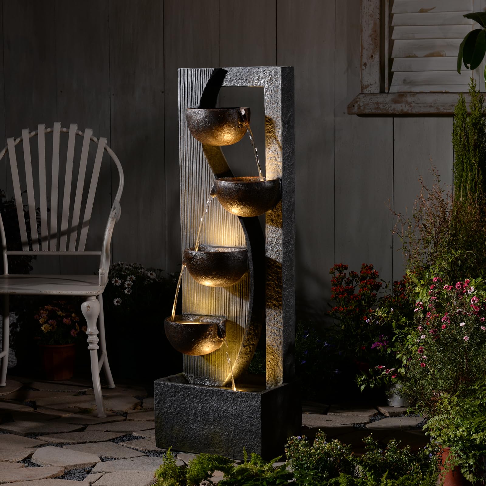 SERBILHOME Outdoor Water Fountain with LED Light, Cascading Bowls and Imitation Stone Garden Water Fountains for Relaxing, 49.2" H Waterfall Fountain for Yard, Room, Patio, Porch Decor Resin Waterfall