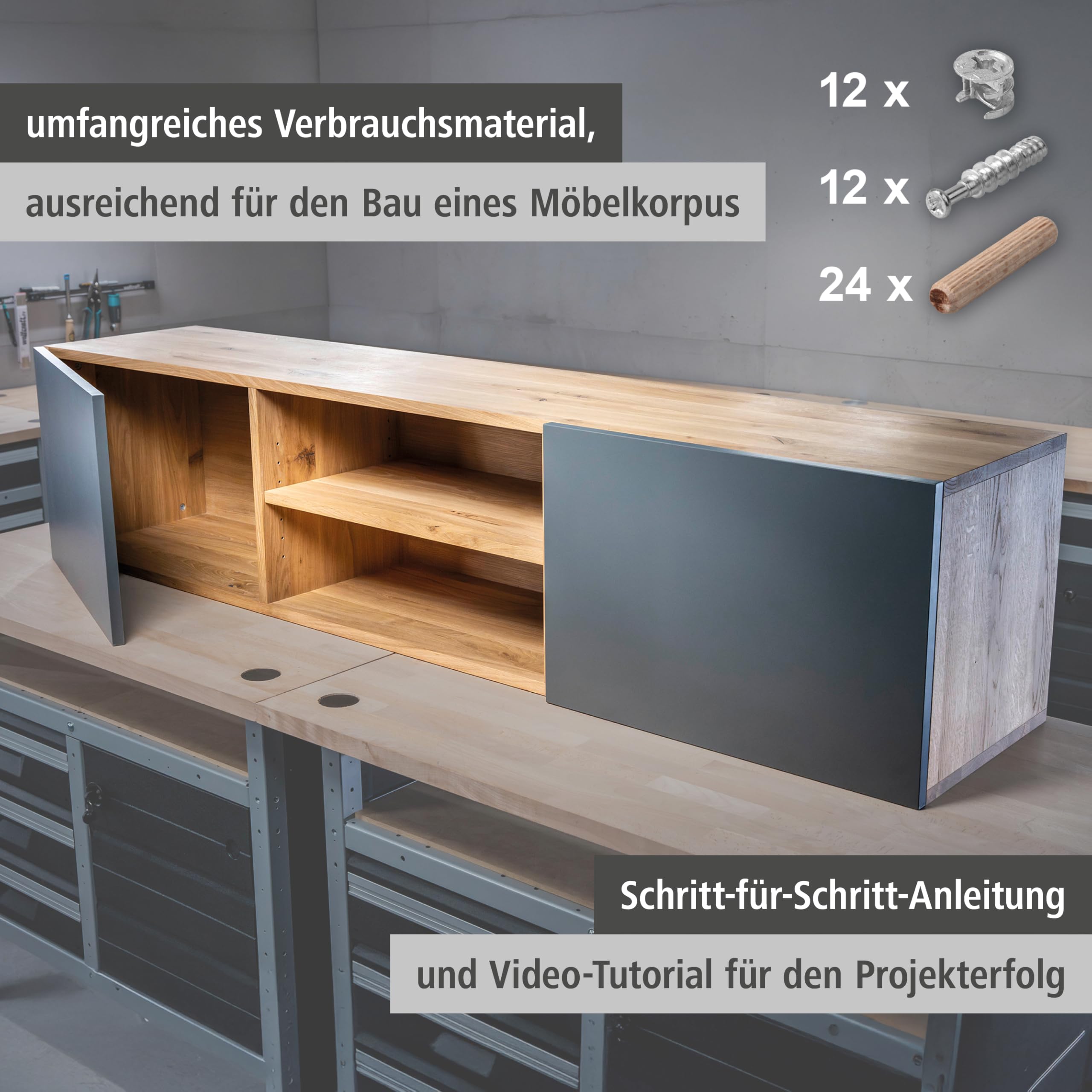 Wolfcraft Exzenter-Möbelverbinder-Set - Möbelbau-Set mit Bohrschablone | Komplett-Set für lösbare Eck-, T- und Flachverbindungen inklusive Forstnerbohrer, Schrauben und Dübeln - 4665000