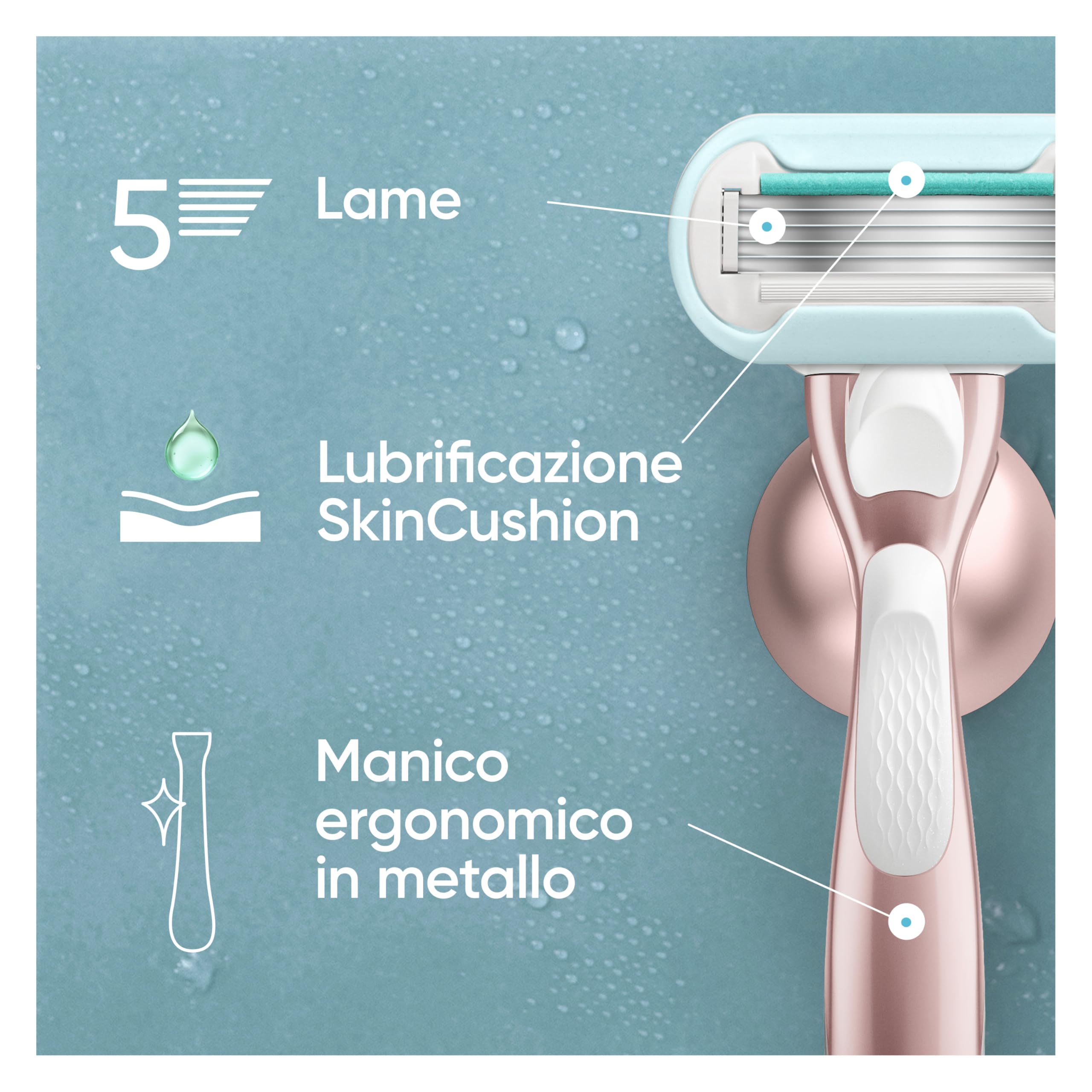 Gillette Venus Pro Smooth Sensitive Rasoio Donna A 5 Lame Per Pelli Sensibili Con 6 Lamette Da Donna Di Ricambio, Manico In Metallo Riutilizzabile, Gancio Per La Doccia E Copertura Da Viaggio Pezzi