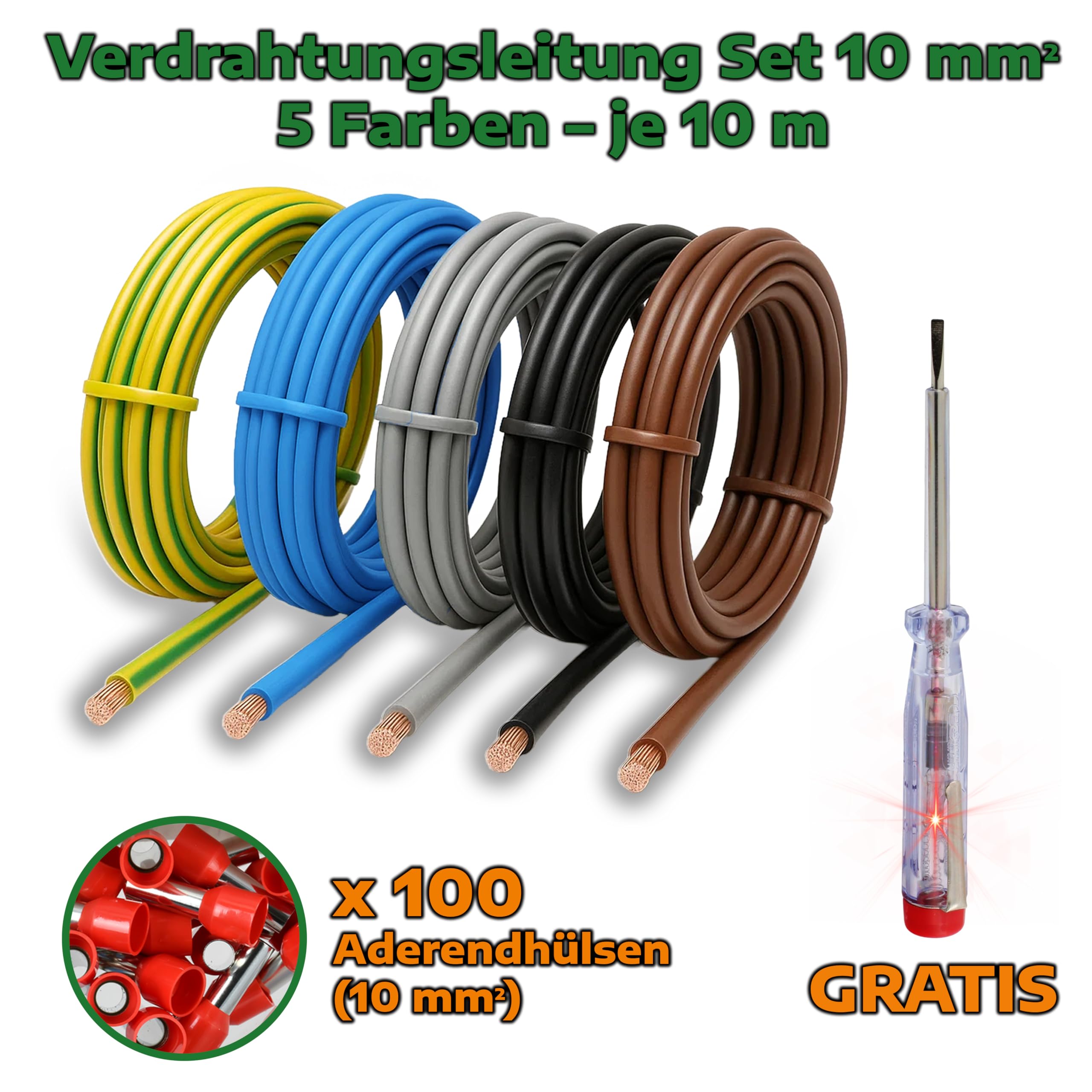 Zestaw okablowania 10 mm² H07V-K przewód żyłowy elastyczny zestaw 5 x 10 m wraz z 100 tulejkami kablowymi przewód kablowy idealny do licznika, przewodów uziemiających i mostów okablowania