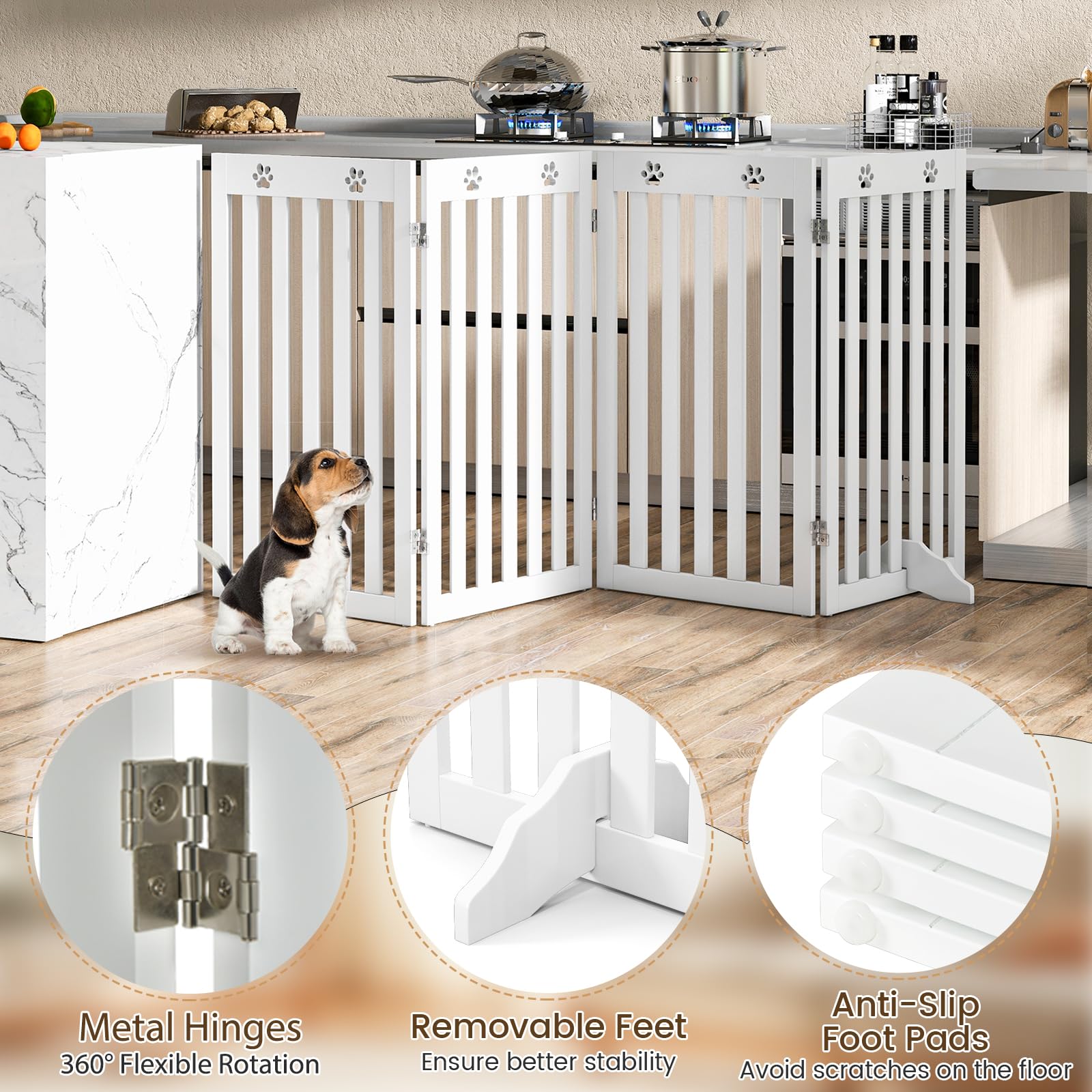 SOARS Absperrgitter Hund, 204x90cm Hundegitter Wohnung mit 2 Stützfüßen, Faltbares Schutzgitter, Treppengitter, Absperrgitter für Küche, Flur, Kamin & Ofen, 4 Paneelen, Weiß