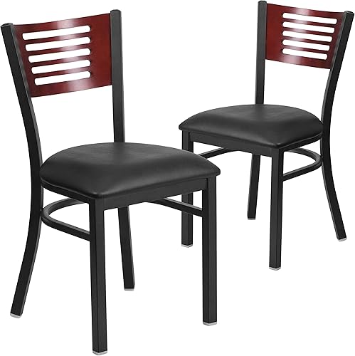 Flash Furniture HERCULES Series Silla de restaurante de metal con respaldo de listones negros, respaldo de madera de caoba, asiento de vinilo negro