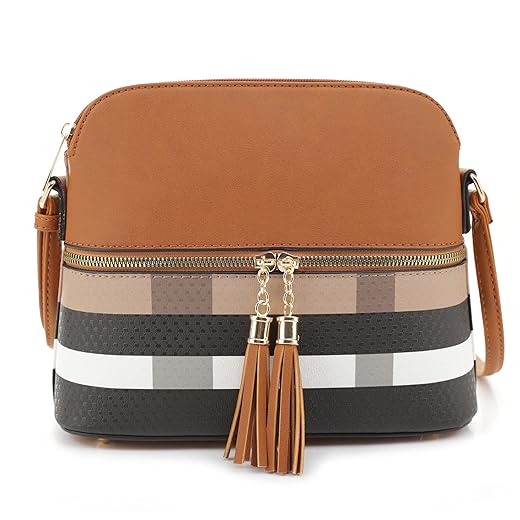 SG SUGU Lightweight Medium Dome Crossbody Bag with Tassel | Plaid Pattern | Brown/Brown