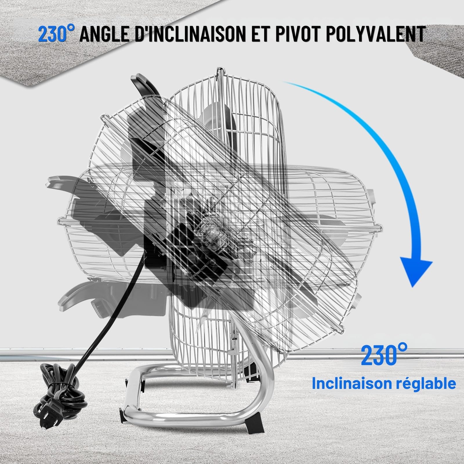 LEADZM Ventilateur sol métal 50cm 4750m³/h pales 230° ajustables | 3 vitesses, flux puissant adapté atelier, entrepôt et garage