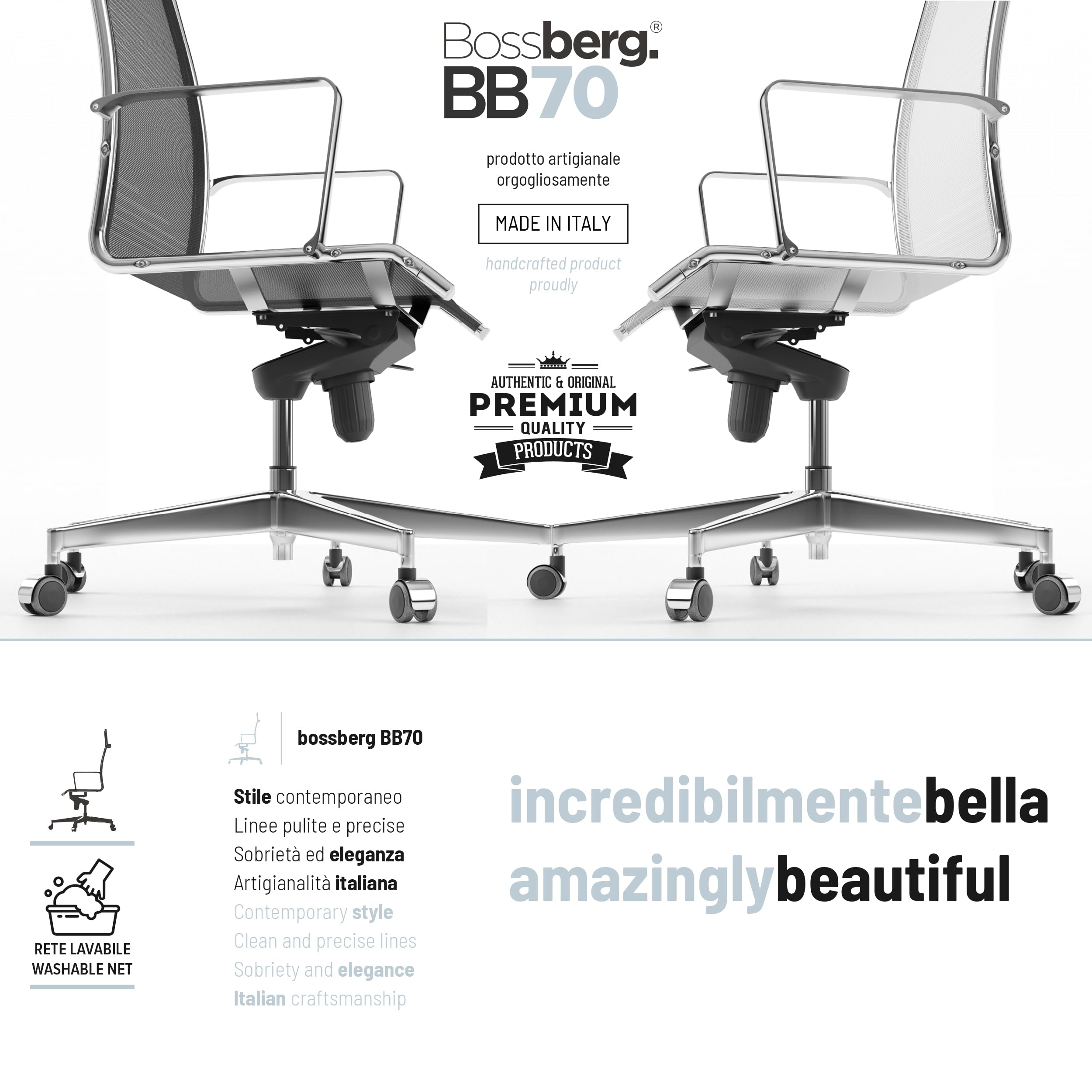 Bossberg BB70 Sedia Ufficio Ergonomica Direzionale con Schienale Alto, Poltrona di Design in Rete Traspirante e Acciaio con Supporto Lombare per Studio Professionale - Cromata Nera