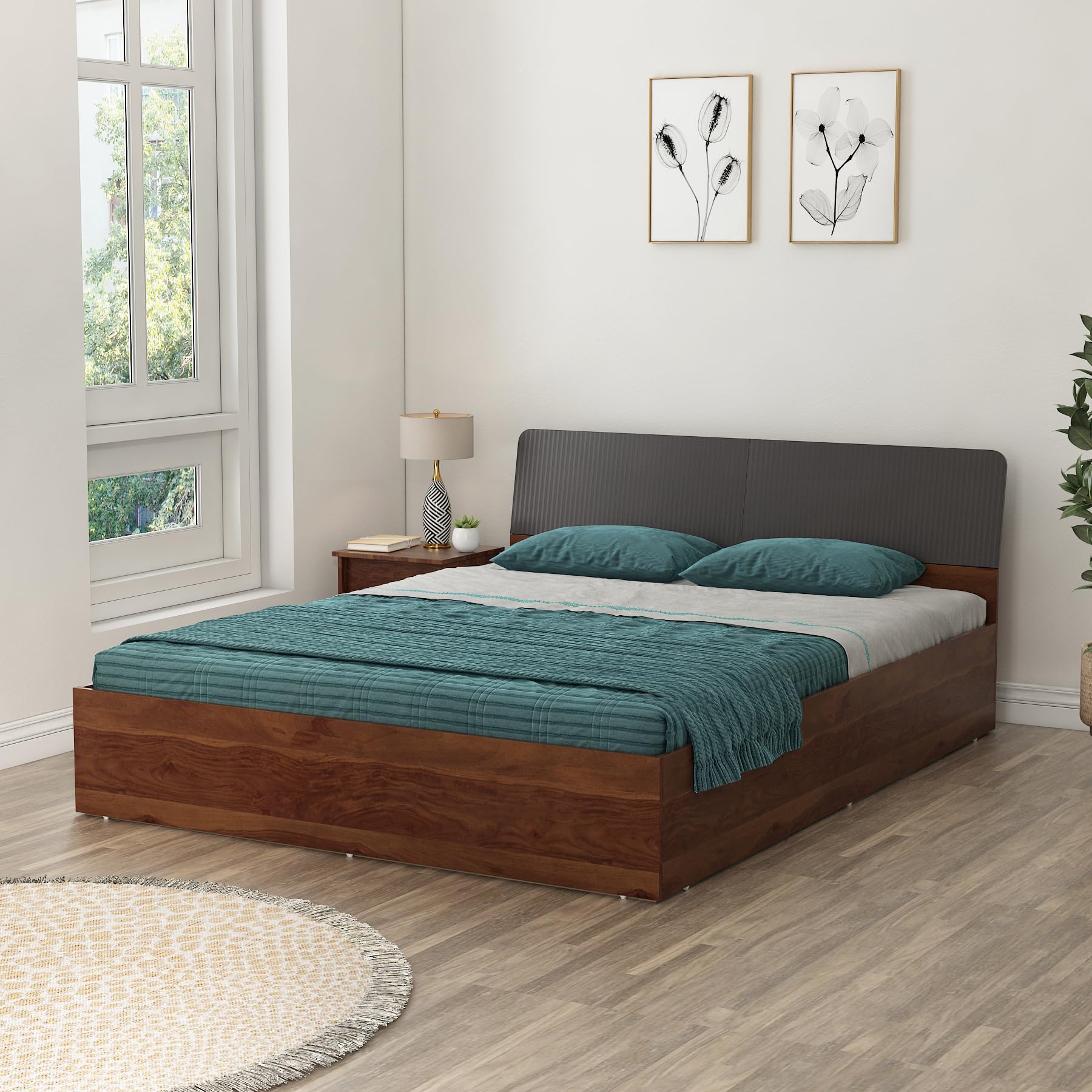 Spacewood Gravenza Bed |King Size (78 X 72) Engineered Wood Bed with Box Type Storage | 3 Year Warranty | Modern Design |Engineered Wood | Sheesham & Slate Grey