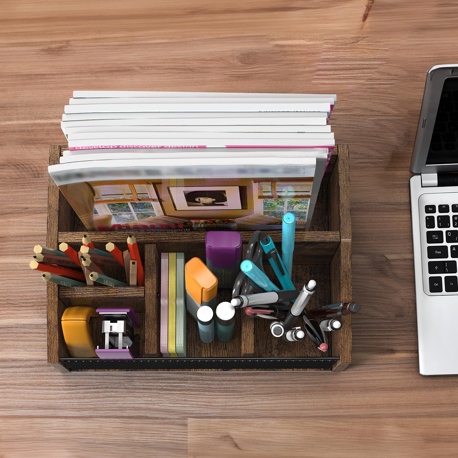 Organizador de Madera para Cafetería, Organizador de 5 Compartimentos para Accesorios de Cafetería con Divisores para Oficina - Perfecto para Servilletas, Azúcar, Suministros de Té, Cápsulas de Café