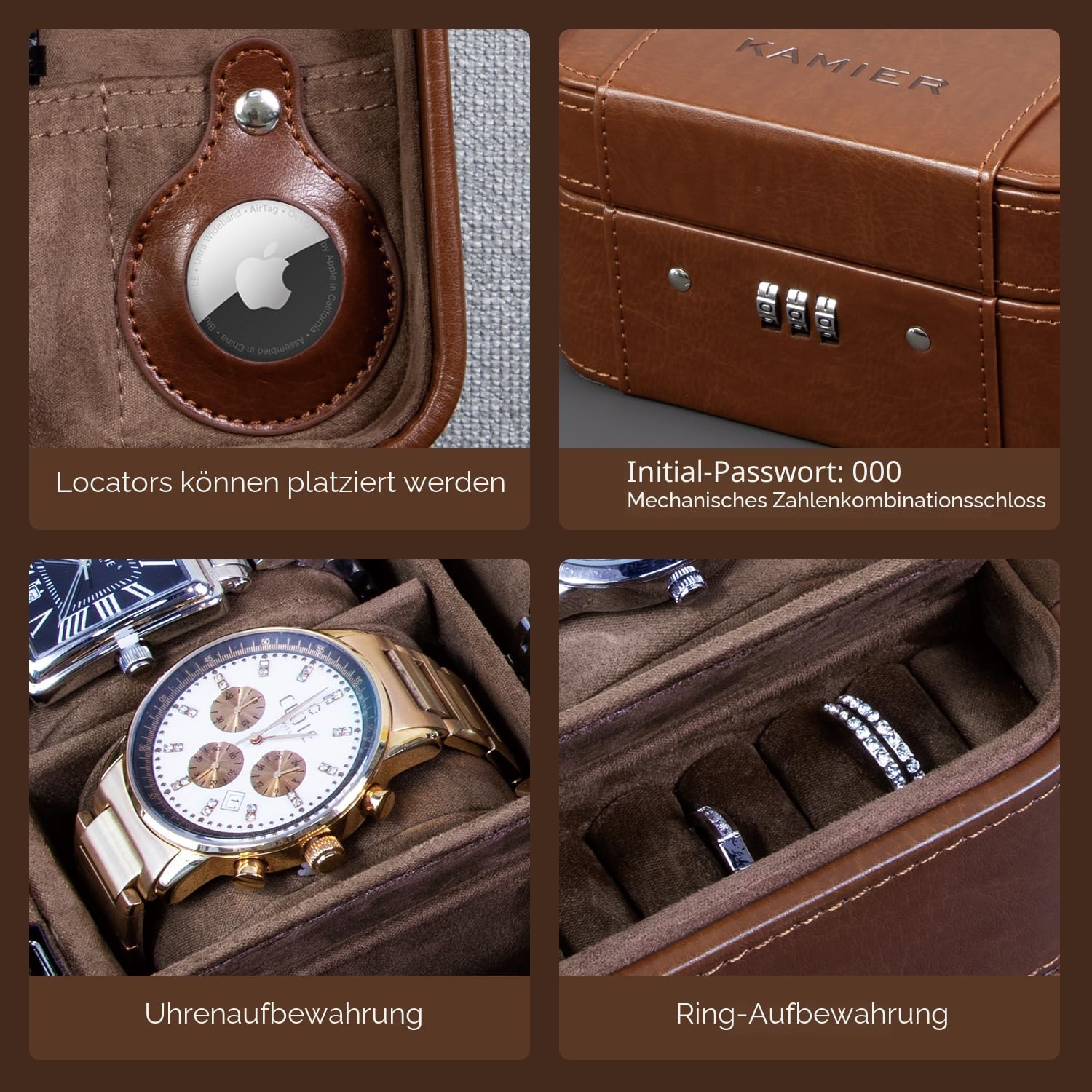 KAMIER Uhrenbox mit Zahlenschloss für 4 Uhren, Reiseetui Exklusive Uhrenaufbewahrung aus Hochwertigem Leder und edlem Samt, Uhrenbox Herren für Reise Watch Case, Kompatibel mit AirTags, Braun