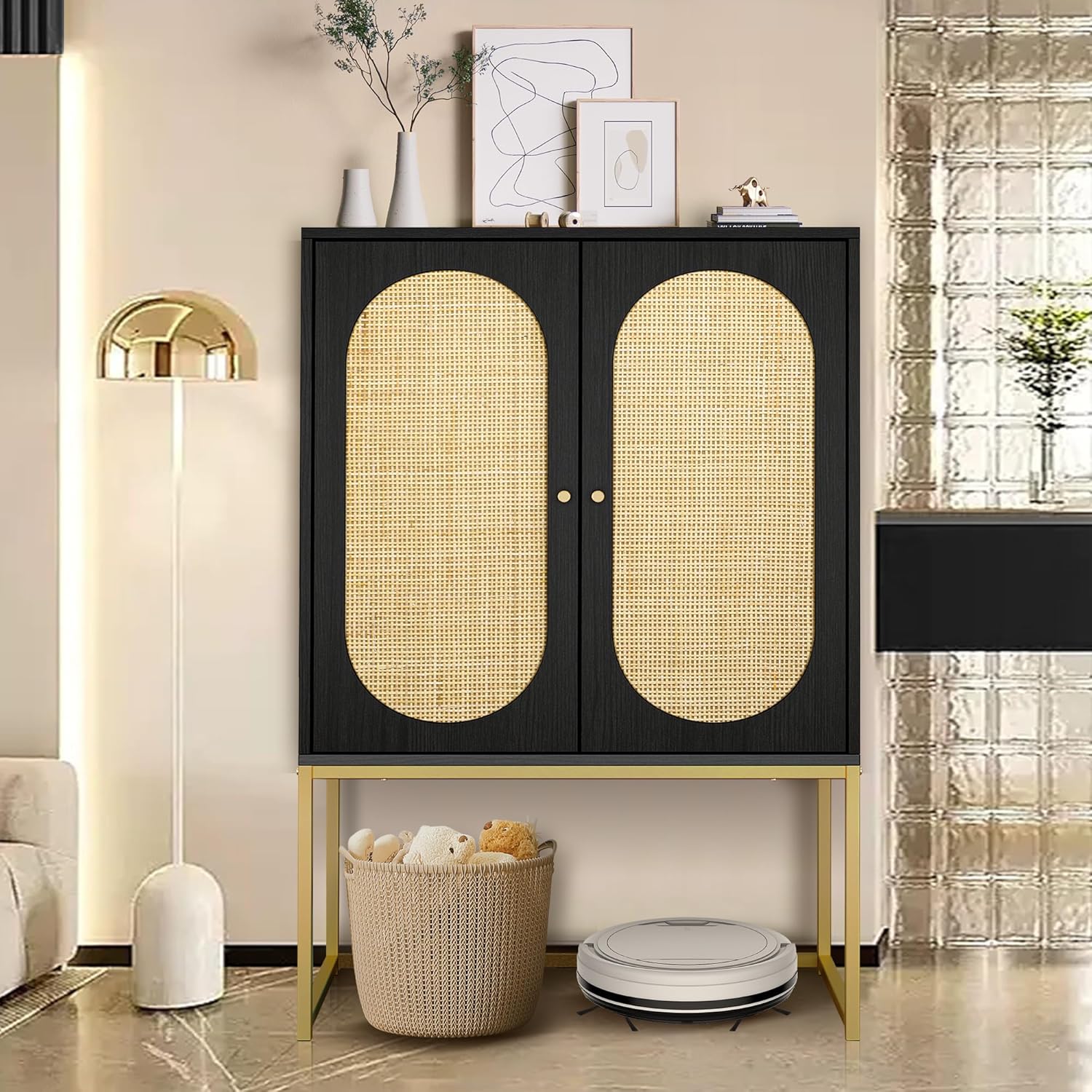 JEJEGORICH Armario alto de ratán con 2 puertas, aparador de buffet, armario de almacenamiento con estantes ajustables, gabinete de madera de pie