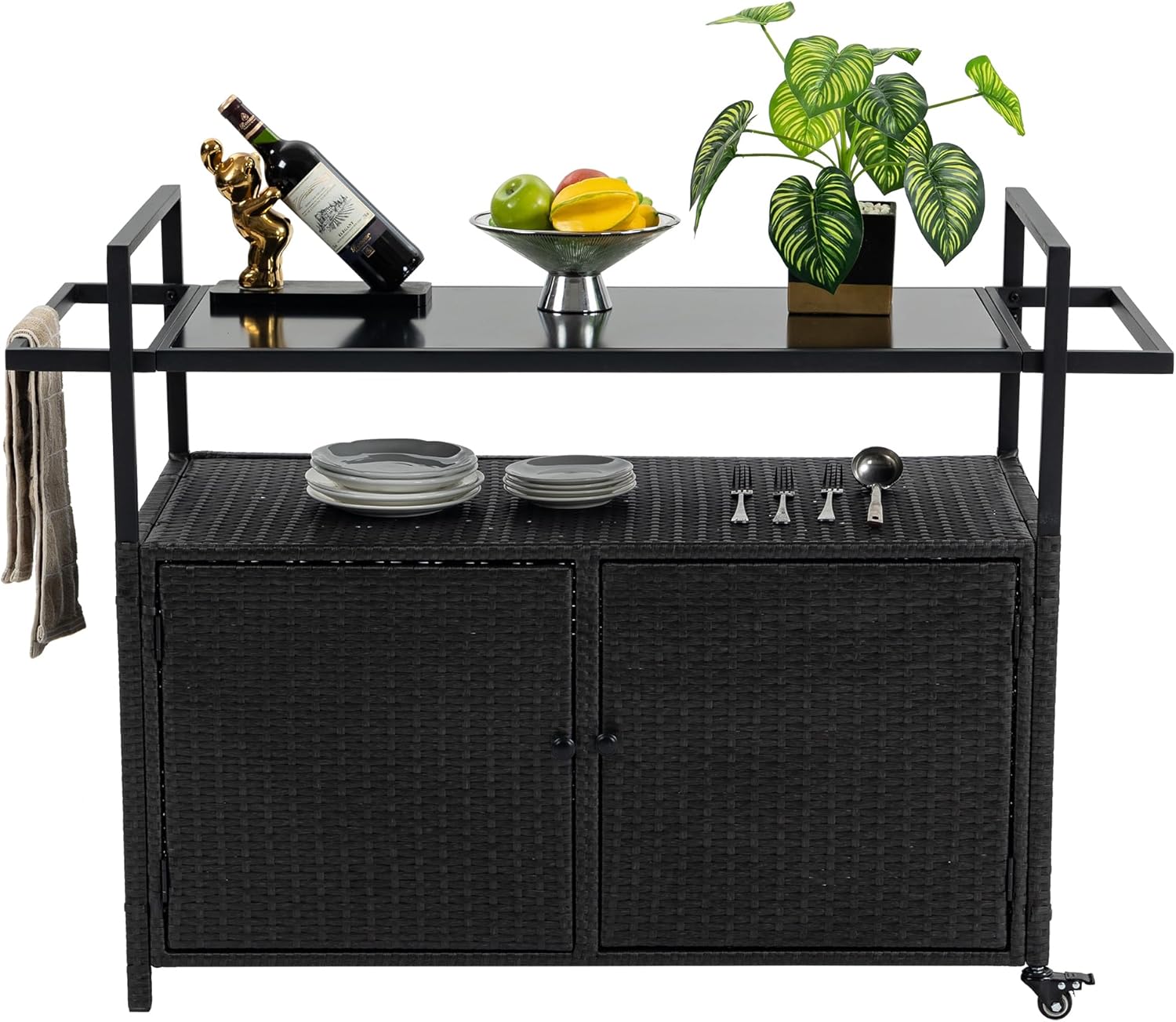 BROVAVE 51" Wicker Style Kitchen Storage Cabinets, Kitchen Carts on Wheels with Glass Top, Kitchen Storage Cart with Ice Bucket for Patio & Garden, Black