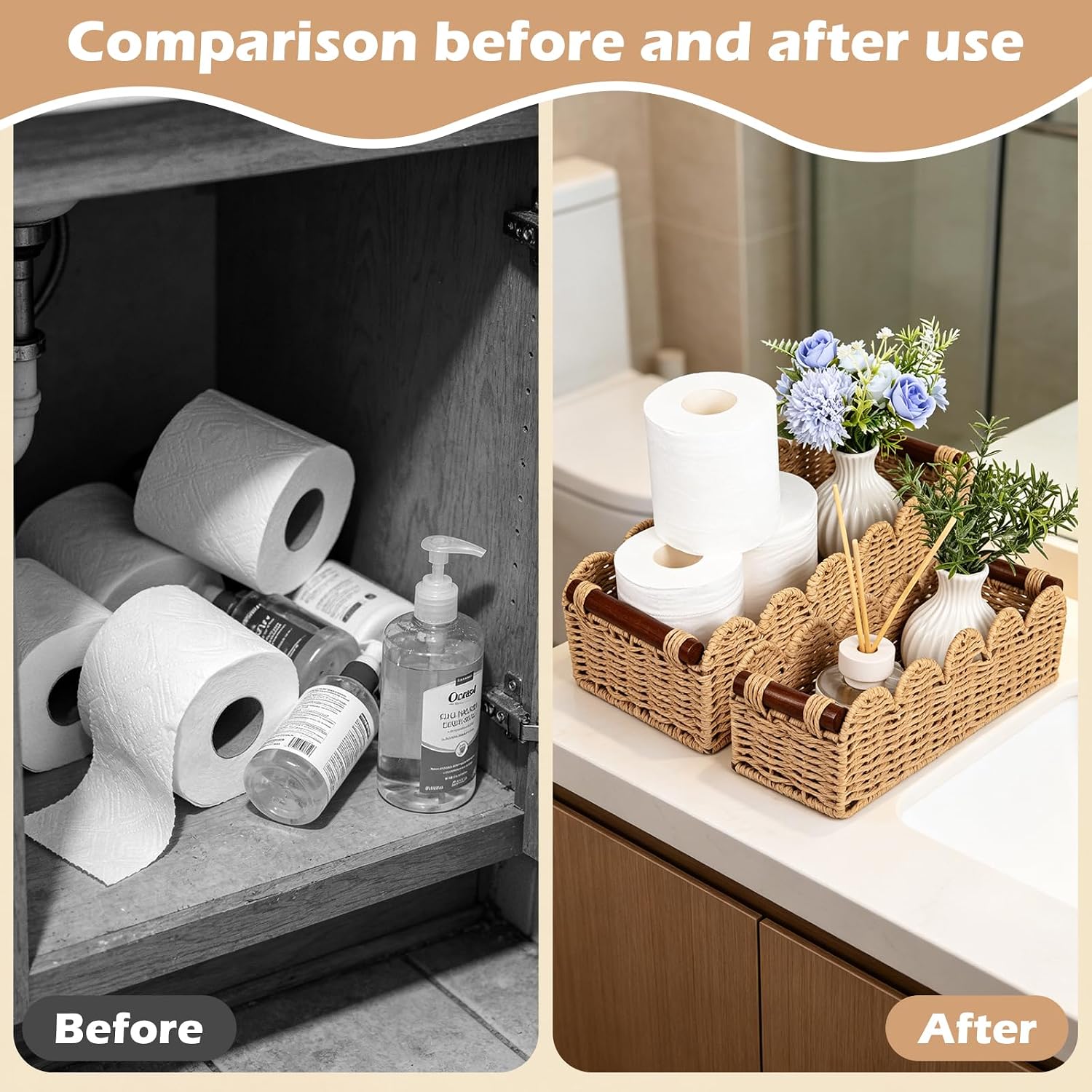 Paper Rope Toilet Paper Storage Small Basket, Set of 2 Scalloped Edge Woven Wicker Baskets with Wooden Handles, Decorative Countertop & Toilet Tank Basket for Bathroom Living Room Home Decor, Beige