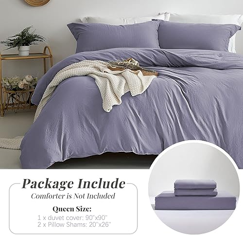 Miniatura 8 de Funda de edredón de tamaño Queen juego de funda de edredón suave de 3 piezas y de color lavanda juego de ropa de cama de microfibra lavada con
