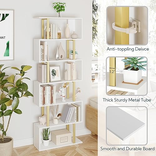 Miniatura 7 de Yusong Estantería geométrica, estantería en forma de S, estantes de libros de 6 niveles para dormitorio, estante decorativo de madera moderno,