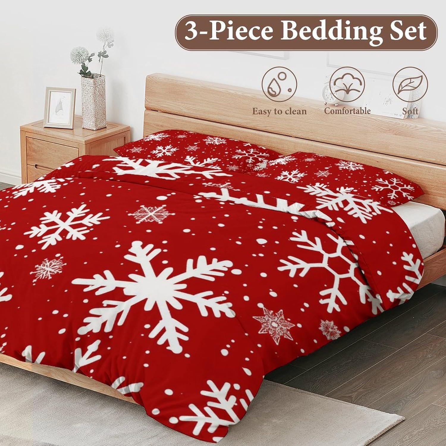 Delerain Comforter Cover Set Queen Size, Christmas Snowflakes Red 3-Piece Bedding Set for Women Men Modern Soft Microfiber Bedroom Set Room Decor, 1 Duvet Cover + 2 Pillowcases