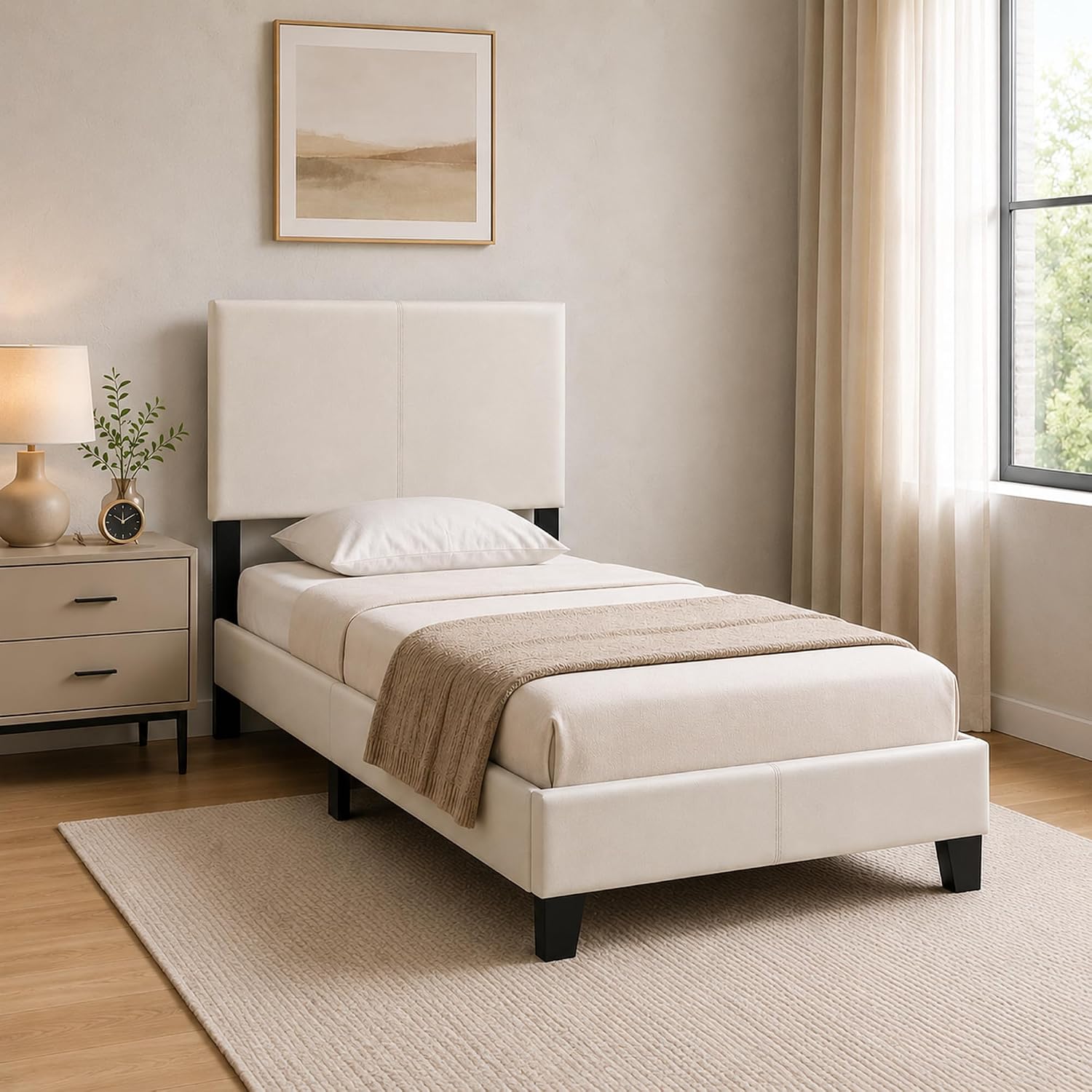 Furinno PESSAC Bed Frame, Twin Size Bedframe with PU Leather Upholstery Headboard, Bed with Legs, Wooden Slat Support, Easy Assembly, for Bedroom, Dorm, Plain White