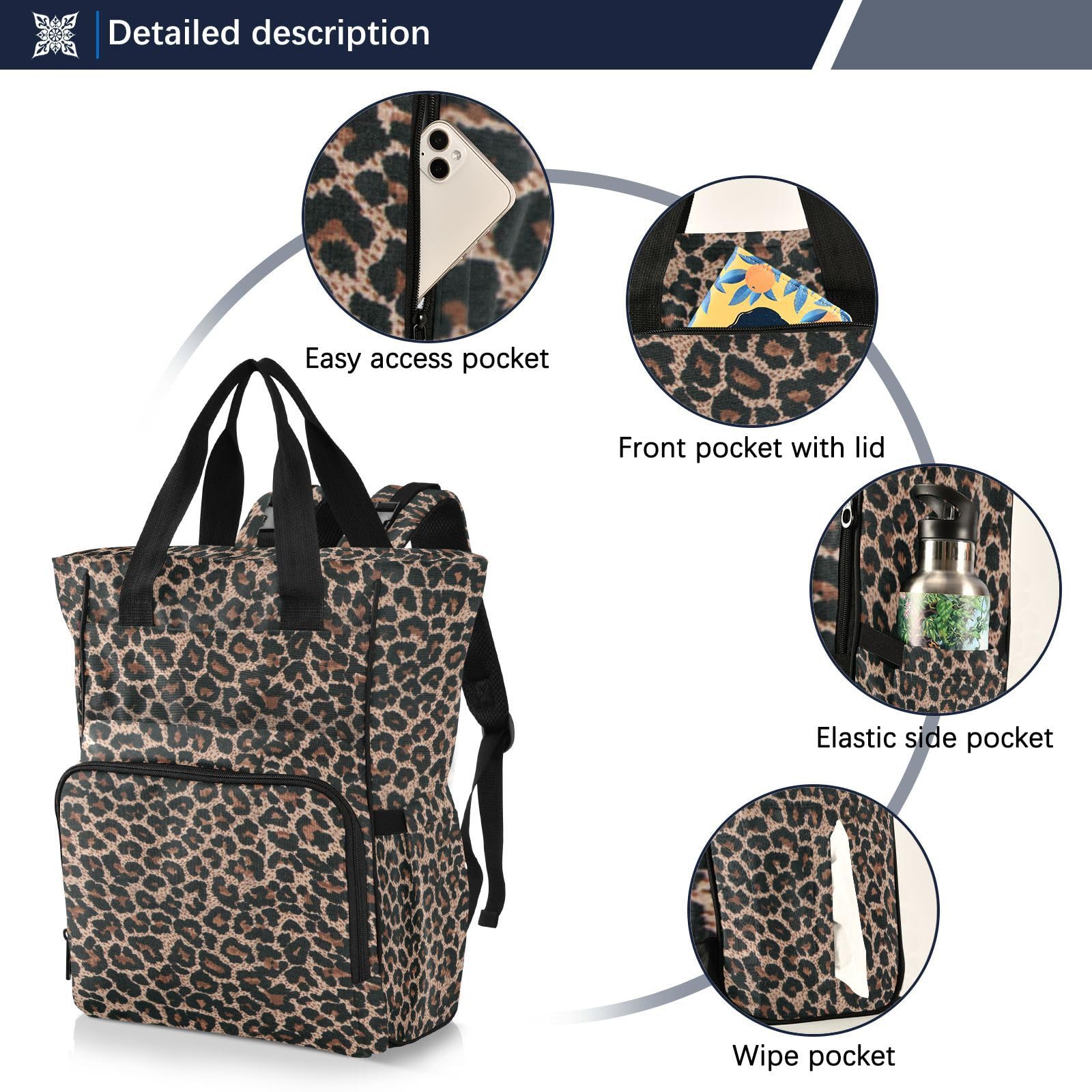 Wickeltasche mit Leopardenmuster, Gepardenmuster, für Damen und Herren, großer Laptop-Rucksack, Reiserucksack, Tagesrucksack, Lunchtasche mit isolierten Taschen, Kinderwagengurten, wasserdicht,