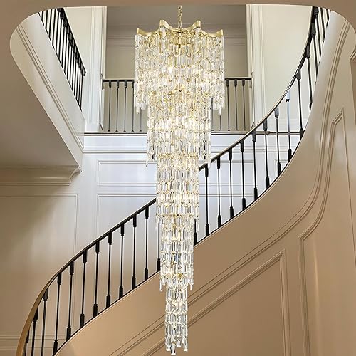 79" Large High Ceiling Chandelier, 21-Light Gold Long Staircase Chandeliers Luxury Foyer Chandelier Top K9 Crystal Tiered Ceiling Light Fixture for Staircase Entryway Hallway Living Room