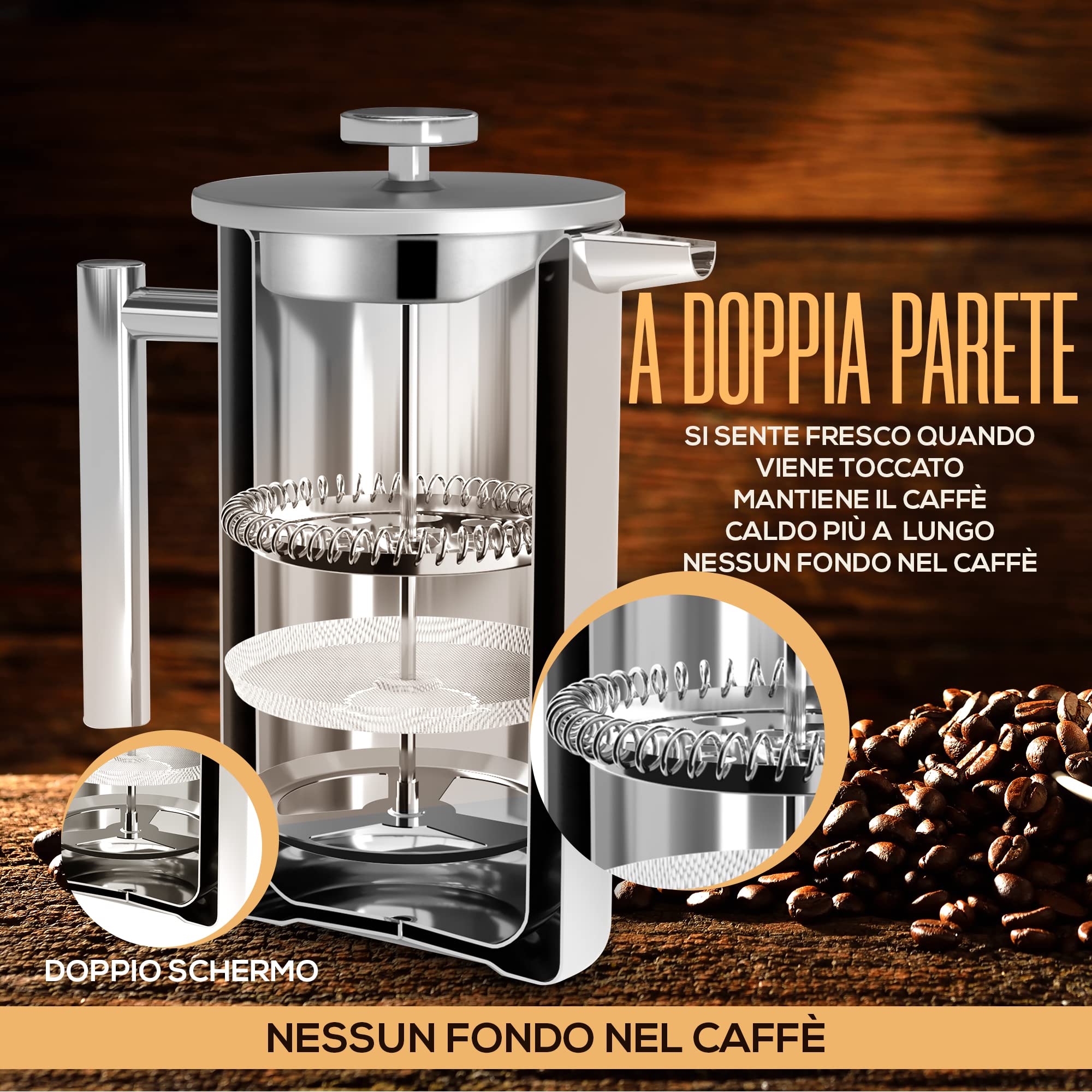 KICHLY Caffettiera a pistone in acciaio inox, macchina per caffè espresso e tè con triplo filtro, vetro resistente al calore con pistone in acciaio, caffettiera portatile, 34 oz (1,0 litri), argento