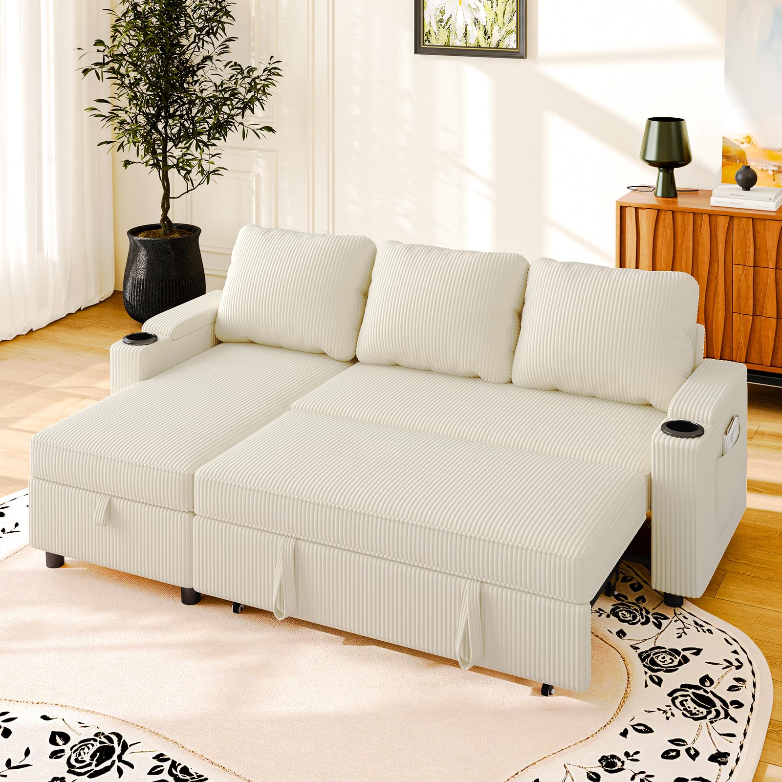 JUMMICO , canapé lit avec Rangement intégré et accoudoirs multifonctionnels, idéal pour Salon, Design Moderne et Pratique,Bureau et Petit Appartement, Beige