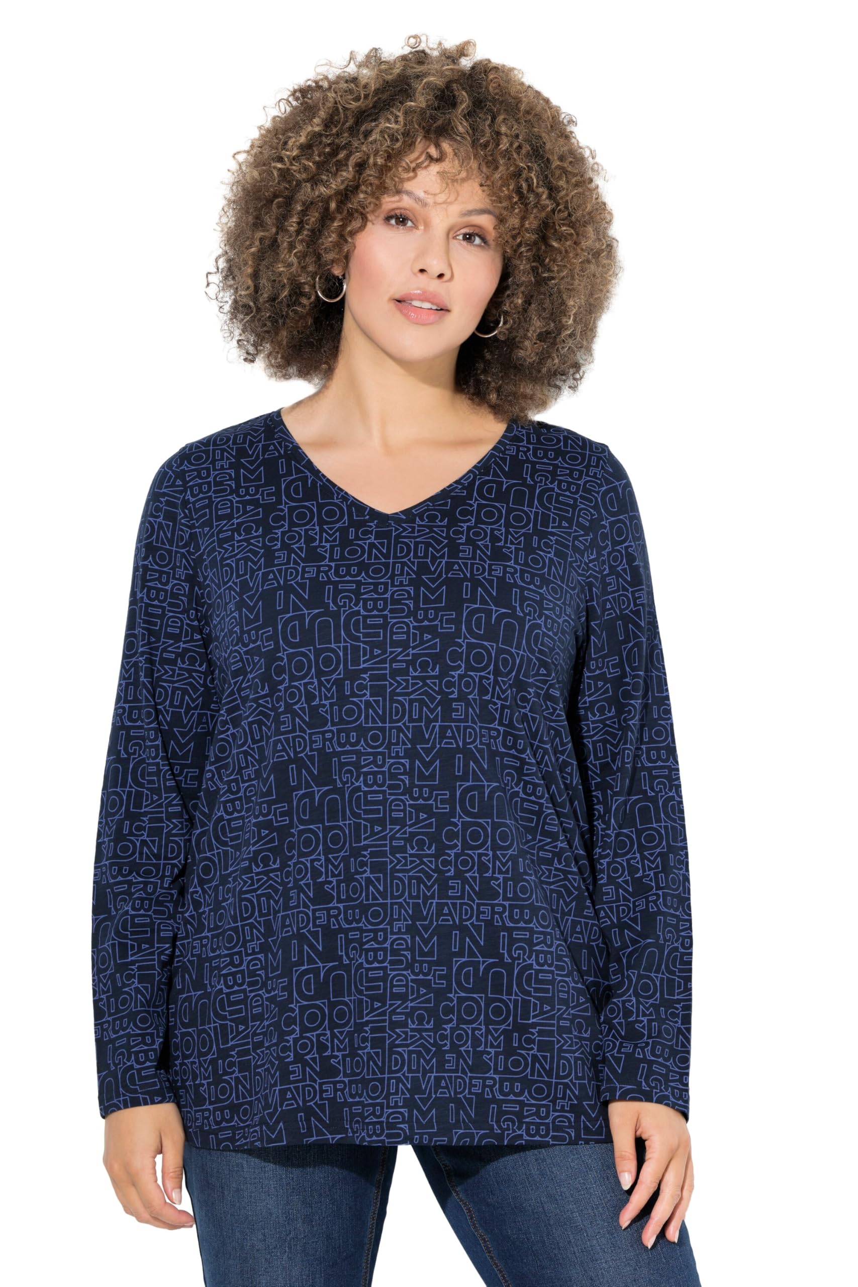 Ulla Popken Damen große Größen Übergrößen Plus Size Shirt, Bedruckt, Classic, V-Ausschnitt, Langarm 845188