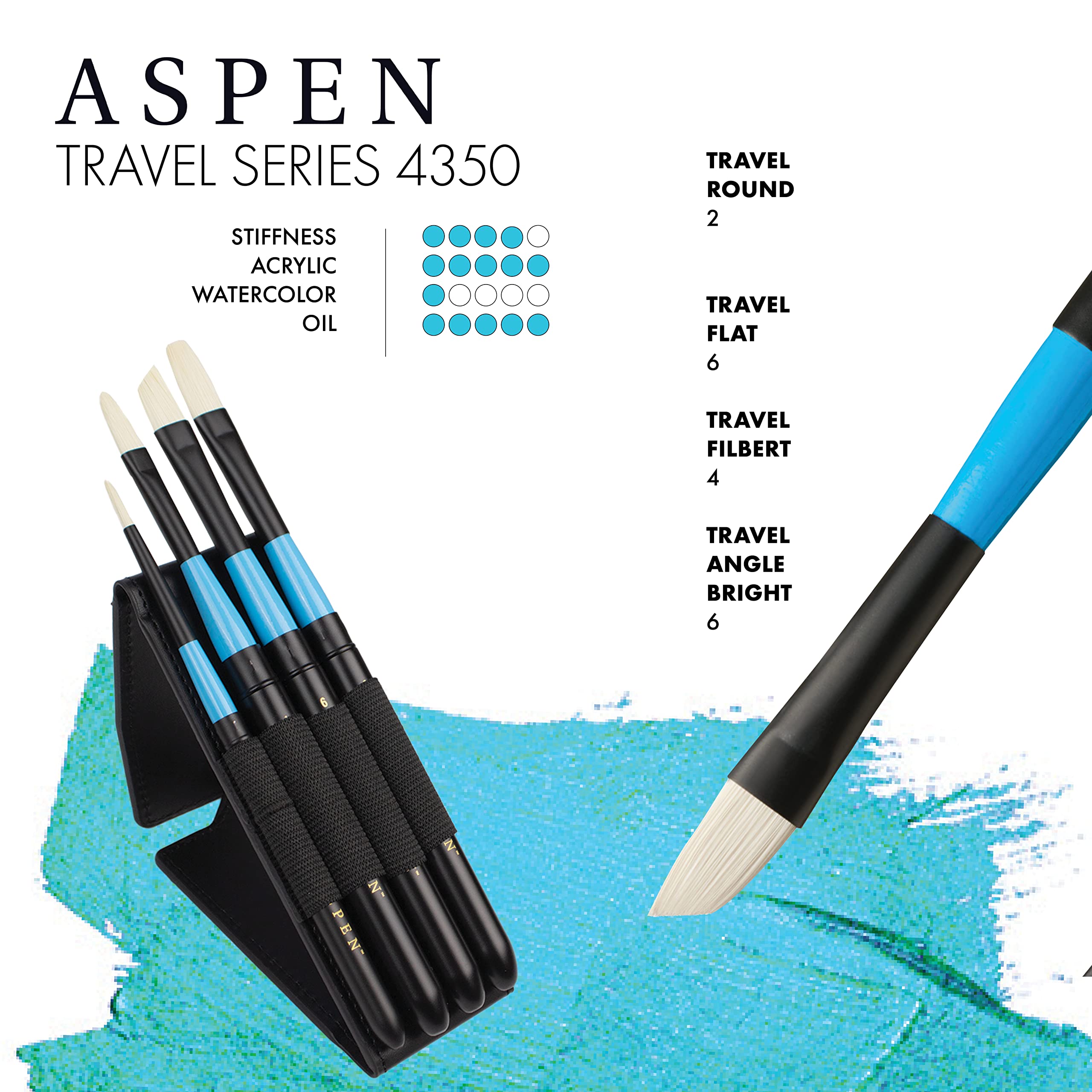 Princeton Aspen Fine Art, pennelli per pittura acrilica setole sintetiche, set da viaggio da 4 pezzi, custodia in plastica