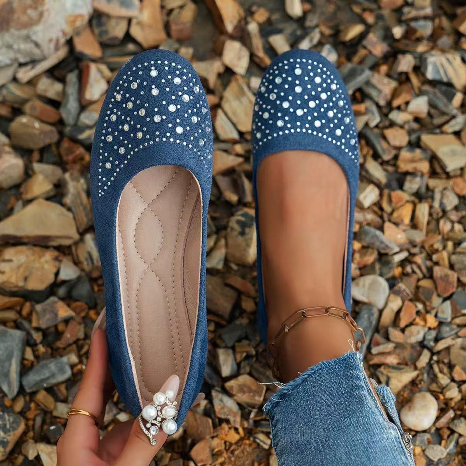 Women Rhinestone Round Toe Flats Soft Comfortable Arch Support Flats Memory Foam Insole Cushion Slip On Ballet Shoes — view 3